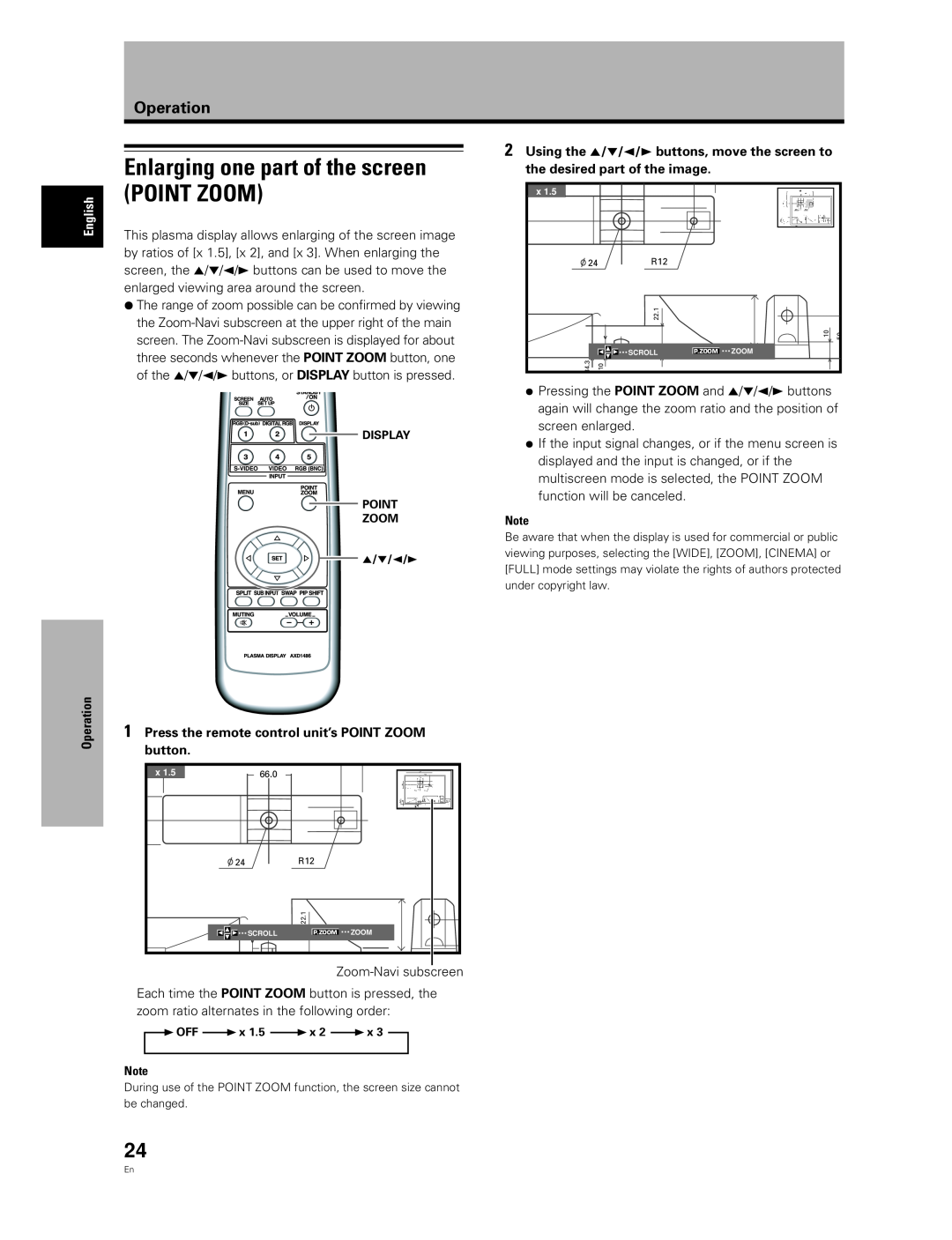 Pioneer PDA-5004 manual Enlarging one part of the screen POINT ZOOM, Operation, Press the remote control unit’s POINT ZOOM 
