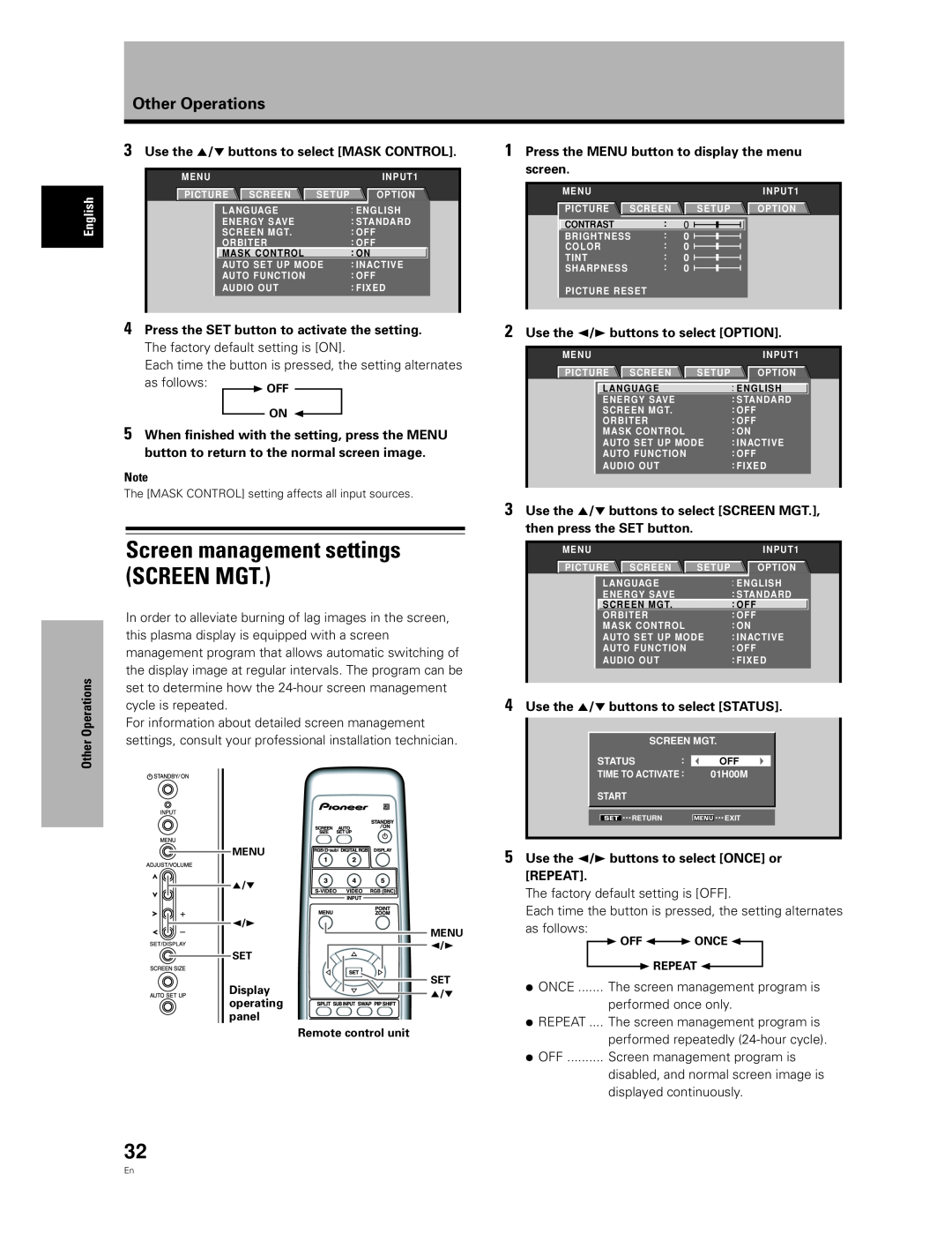 Pioneer PDA-5004 manual Screen management settings SCREEN MGT, Other Operations, Use the 5/∞ buttons to select MASK CONTROL 