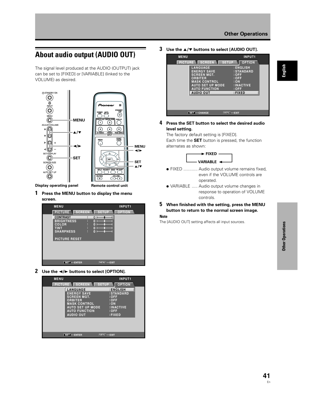 Pioneer PDA-5003, PDA-5004 manual About audio output AUDIO OUT, Use the 5/∞ buttons to select AUDIO OUT, Other Operations 