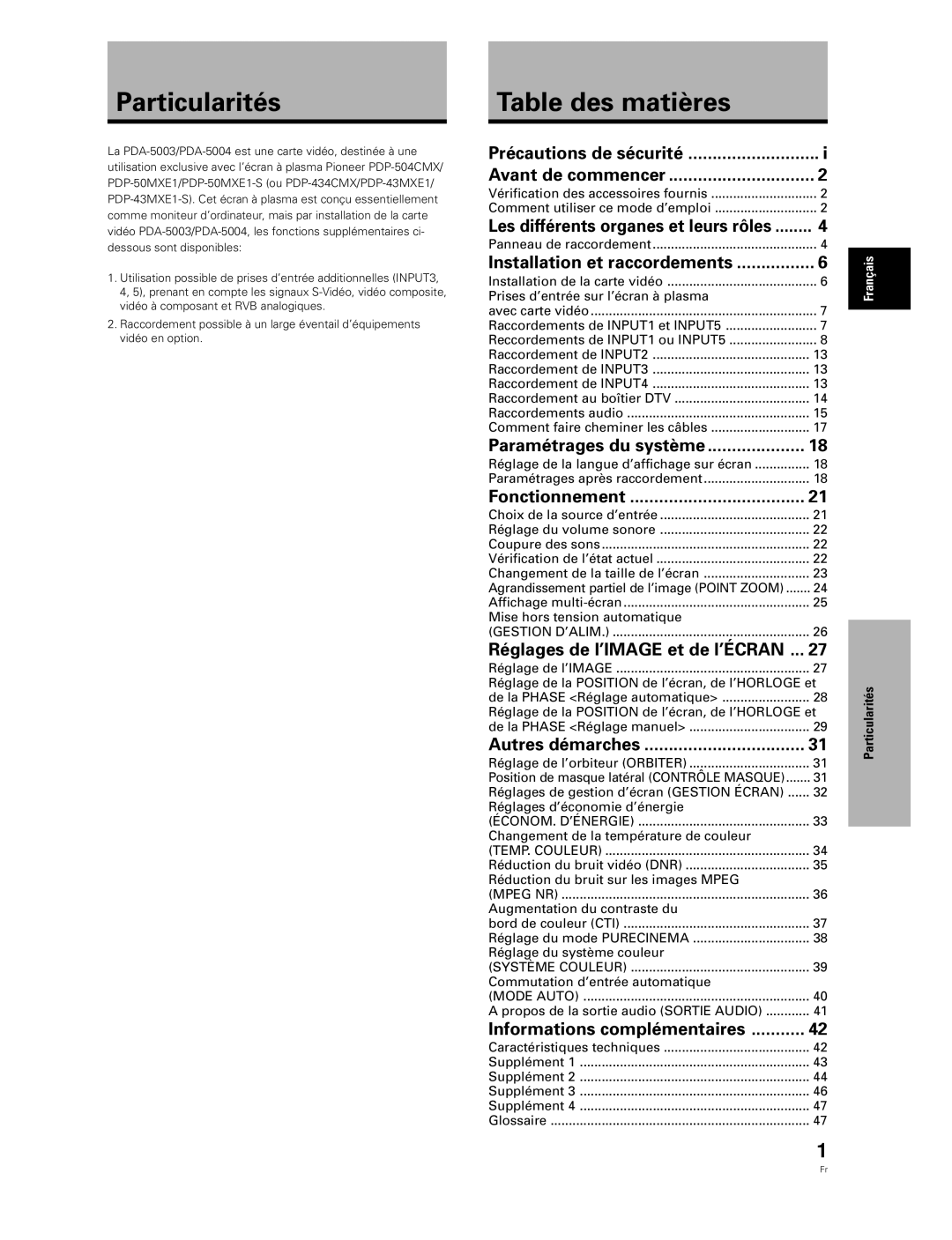 Pioneer PDA-5003, PDA-5004 manual Particularités, Table des matières, Les différents organes et leurs rôles 