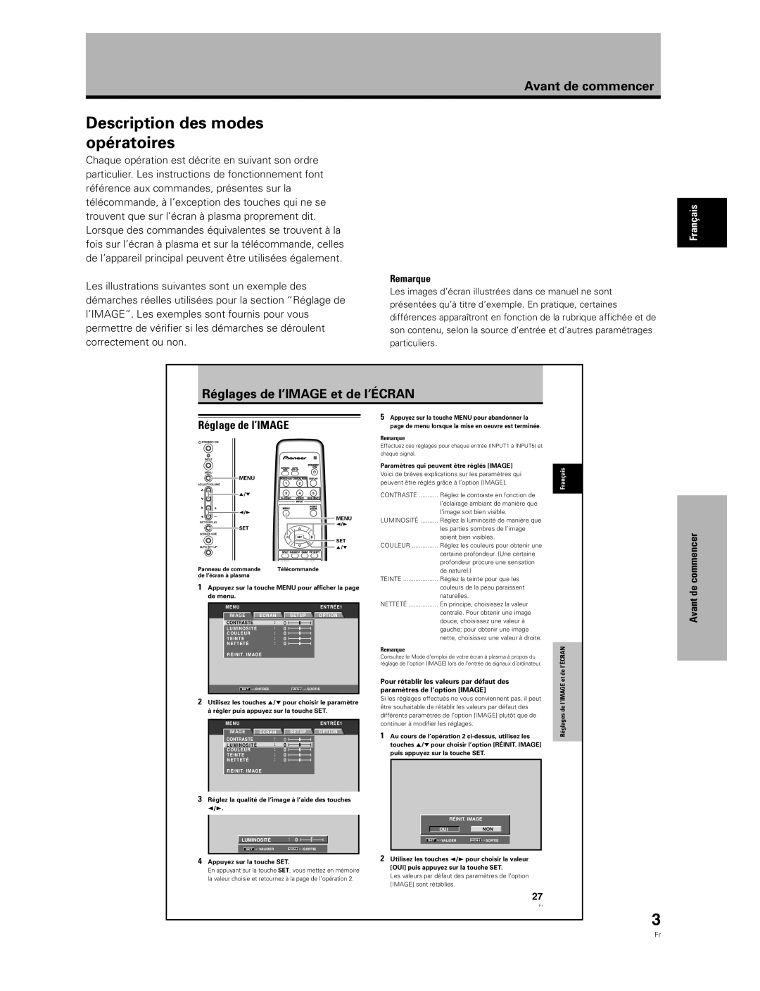 Pioneer PDA-5003 manual Description des modes opératoires, Réglages de l’IMAGE et de l’ÉCRAN, Réglage de l’IMAGE, Remarque 