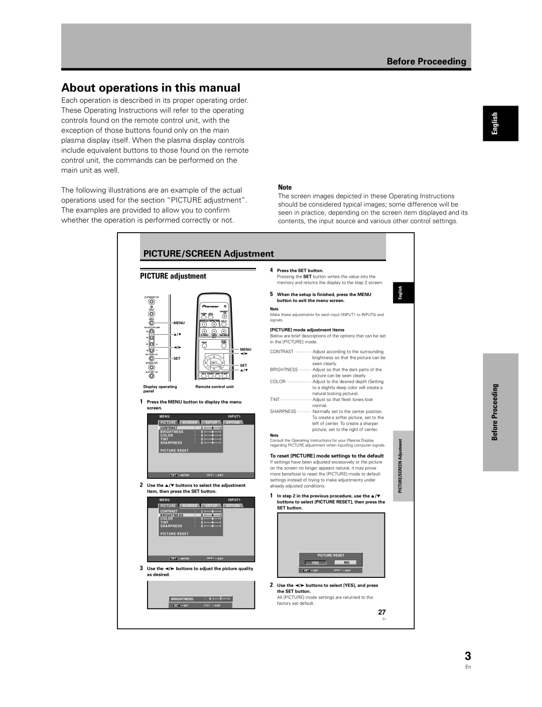Pioneer PDA-5003 About operations in this manual, Before Proceeding, PICTURE/SCREEN Adjustment, PICTURE adjustment 