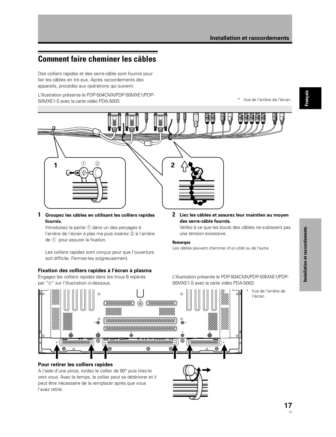 Pioneer PDA-5003, PDA-5004 manual Comment faire cheminer les câbles, Fixation des colliers rapides à l’écran à plasma 
