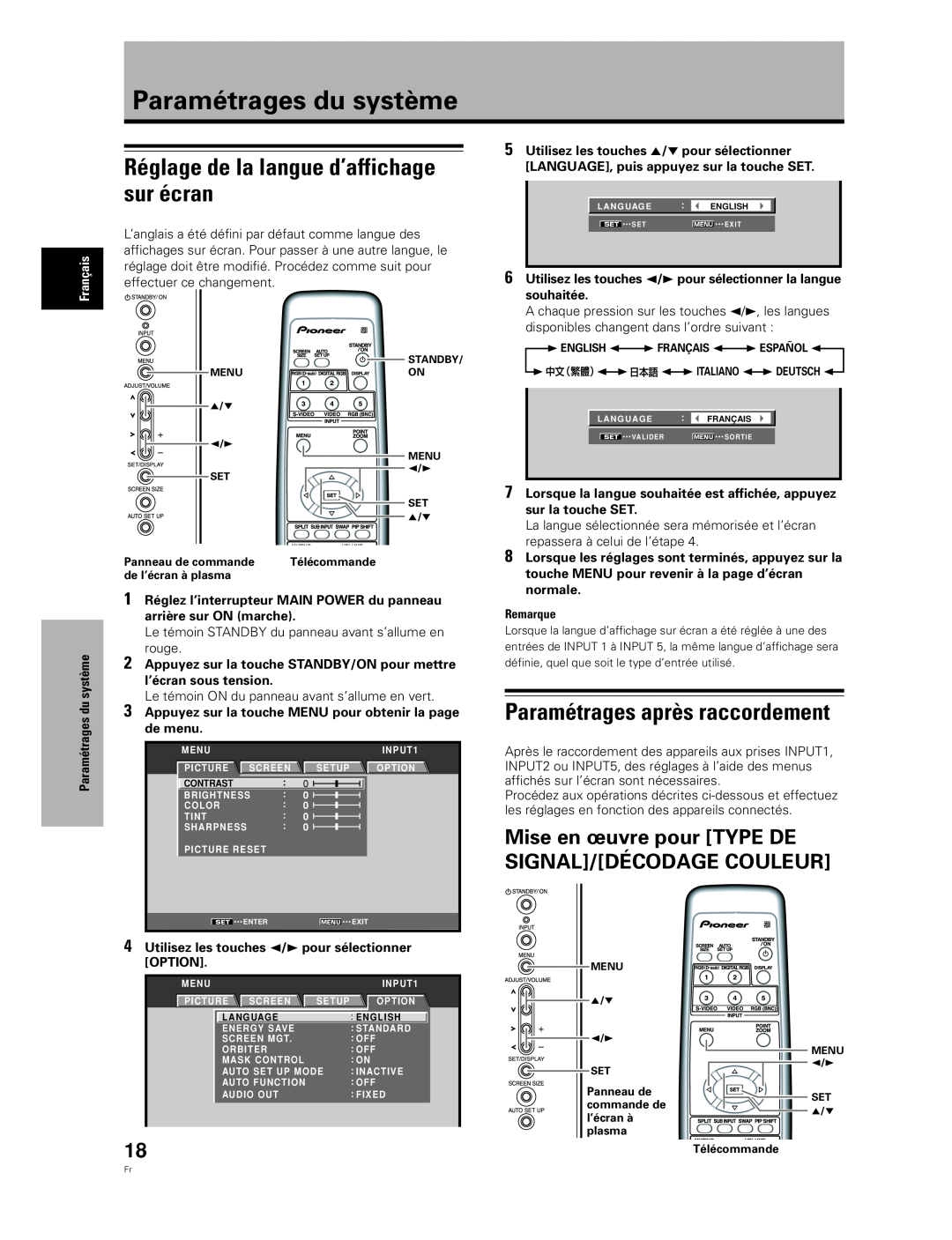 Pioneer PDA-5004 Paramétrages du système, Réglage de la langue d’affichage sur écran, Paramétrages après raccordement 
