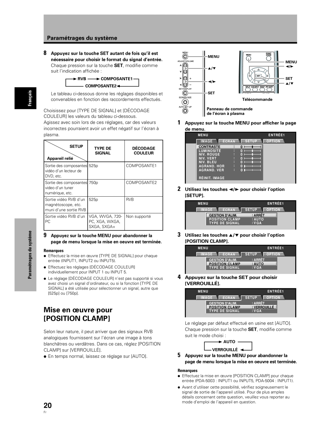 Pioneer PDA-5004, PDA-5003 manual Mise en œuvre pour POSITION CLAMP, Paramétrages du système 