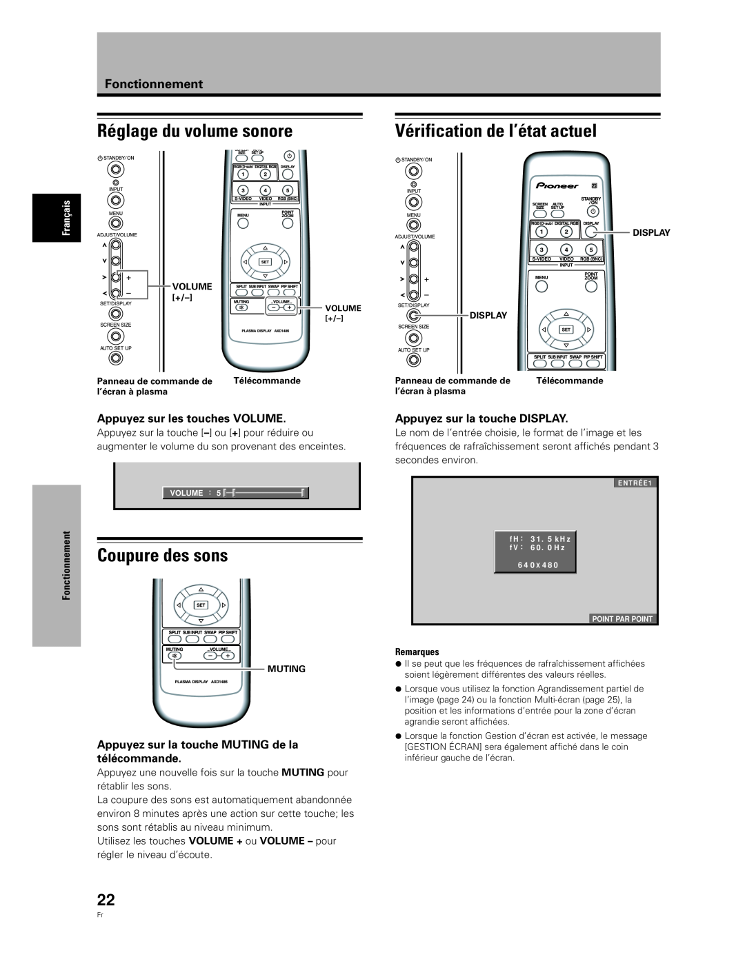 Pioneer PDA-5004 Réglage du volume sonore, Vérification de l’état actuel, Coupure des sons, Appuyez sur les touches VOLUME 