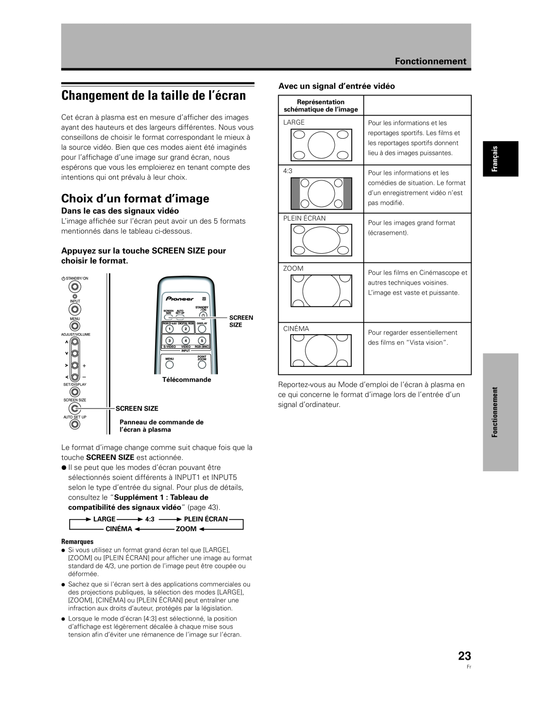 Pioneer PDA-5003 Changement de la taille de l’écran, Choix d’un format d’image, Dans le cas des signaux vidéo, Large, Zoom 