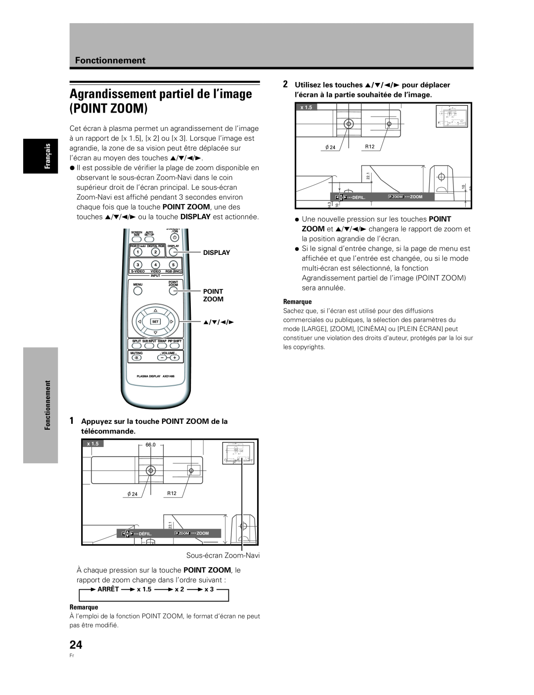Pioneer PDA-5004 Agrandissement partiel de l’image POINT ZOOM, Utilisez les touches 5/∞/2/3 pour déplacer, Fonctionnement 