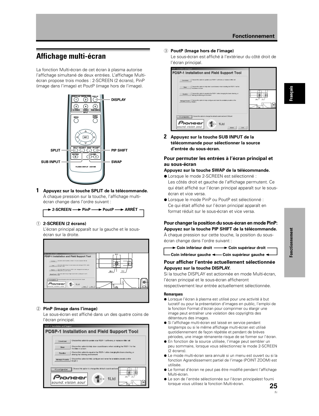 Pioneer PDA-5003 Affichage multi-écran, Pour permuter les entrées à l’écran principal et au sous-écran, Fonctionnement 