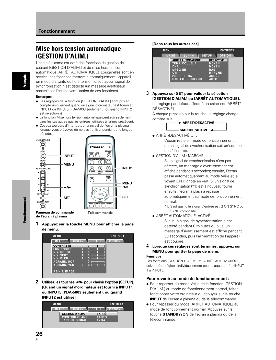 Pioneer PDA-5004 Mise hors tension automatique GESTION D’ALIM, Pour revenir au mode de fonctionnement, Fonctionnement 