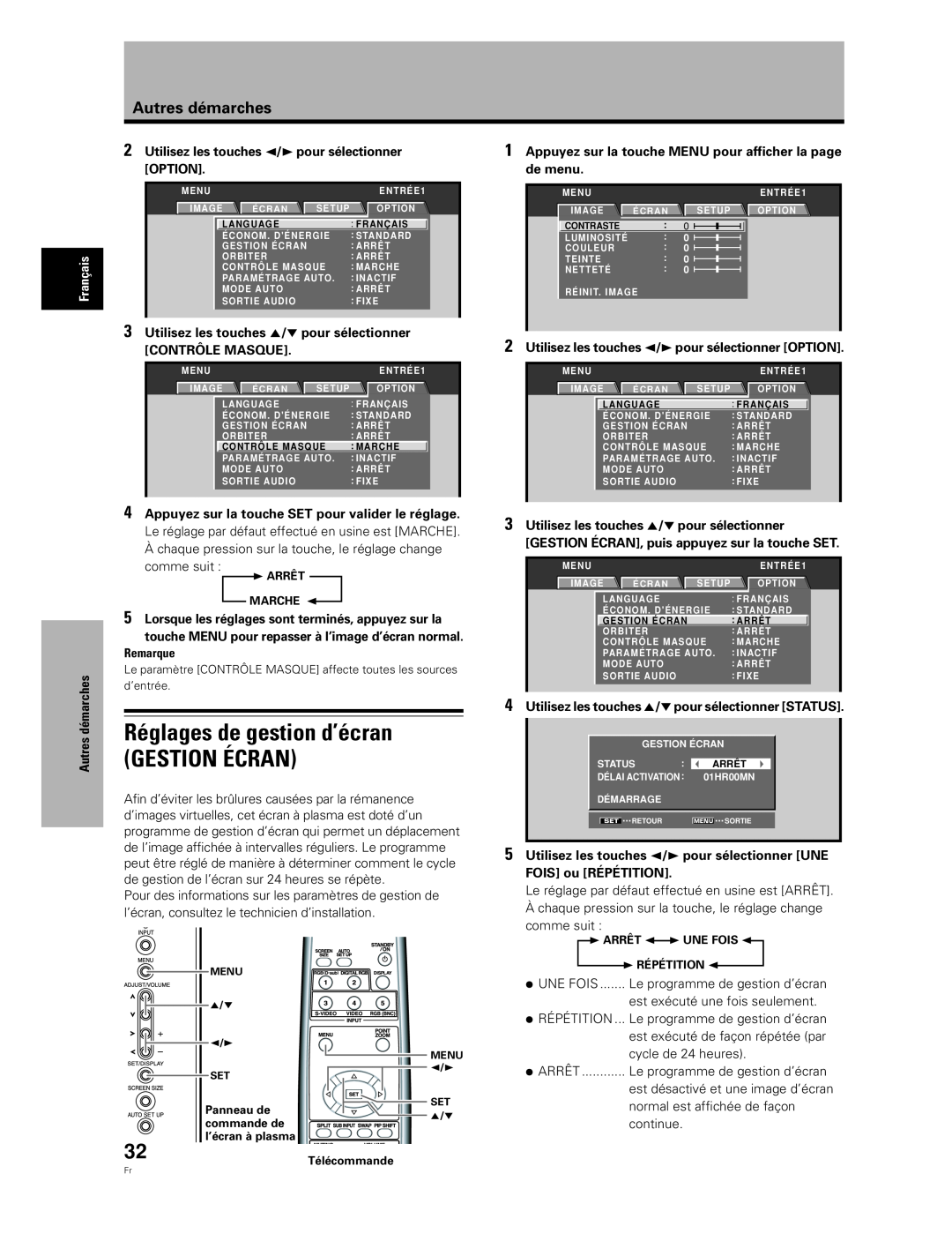 Pioneer PDA-5004 Réglages de gestion d’écran GESTION ÉCRAN, Utilisez les touches 2/3 pour sélectionner, Option, de menu 