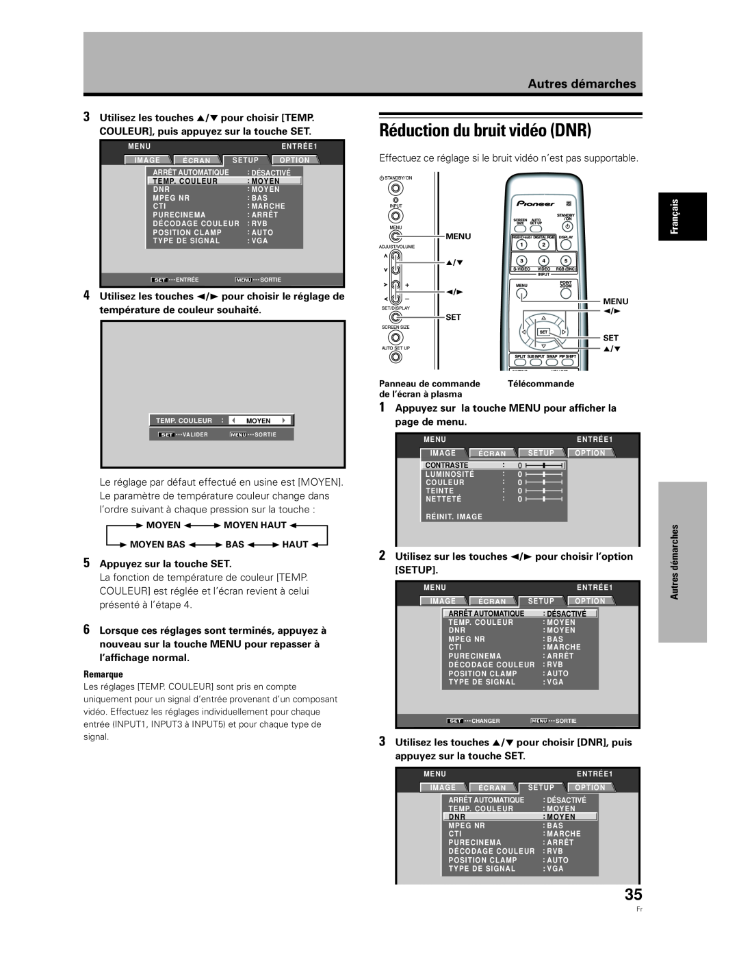 Pioneer PDA-5003 manual Réduction du bruit vidéo DNR, Utilisez les touches 5/∞ pour choisir TEMP, Appuyez sur la touche SET 