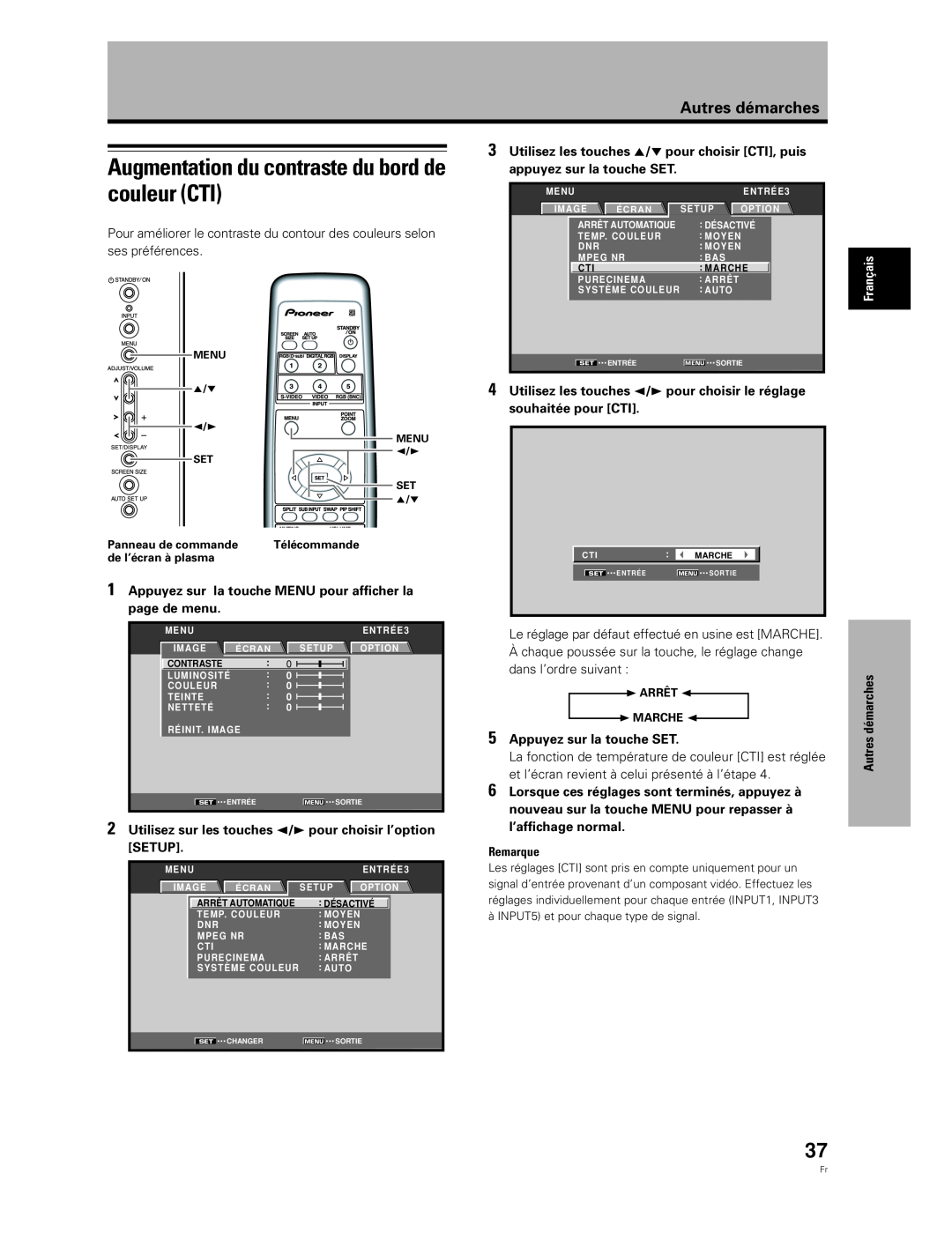 Pioneer PDA-5003 Augmentation du contraste du bord de couleur CTI, Appuyez sur la touche SET, Autres démarches, Remarque 
