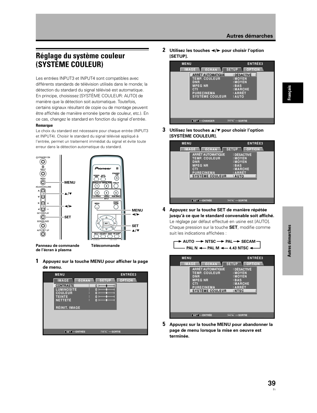 Pioneer PDA-5003 Réglage du système couleur SYSTÈME COULEUR, Appuyez sur la touche MENU pour afficher la page de menu 