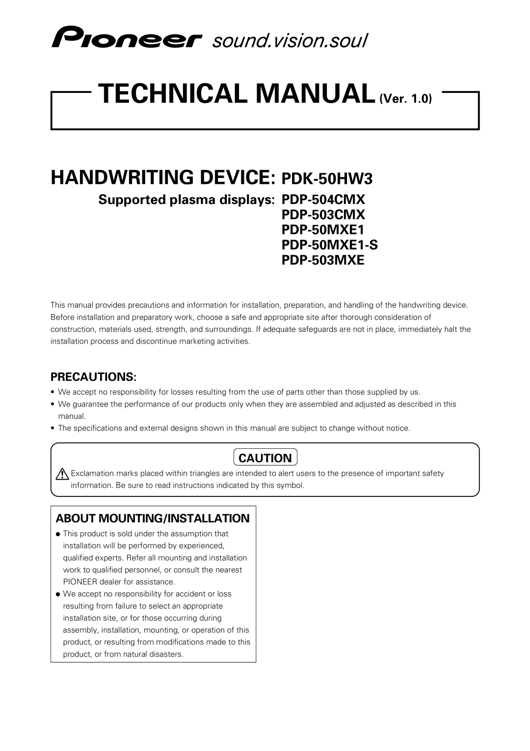 Pioneer PDK-50HW3 specifications Technical Manual Ver 