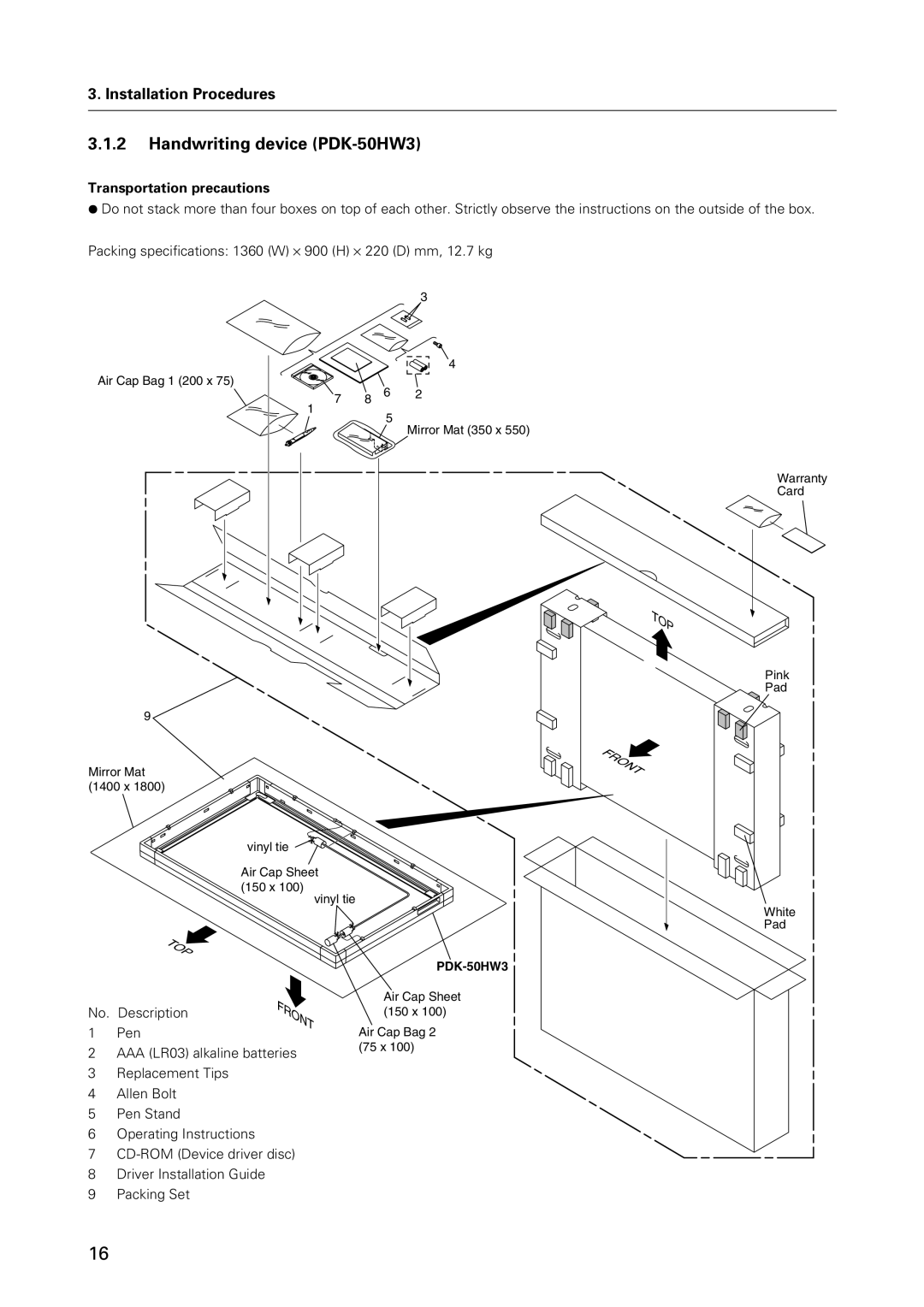 Pioneer specifications Handwriting device PDK-50HW3, Transportation precautions 