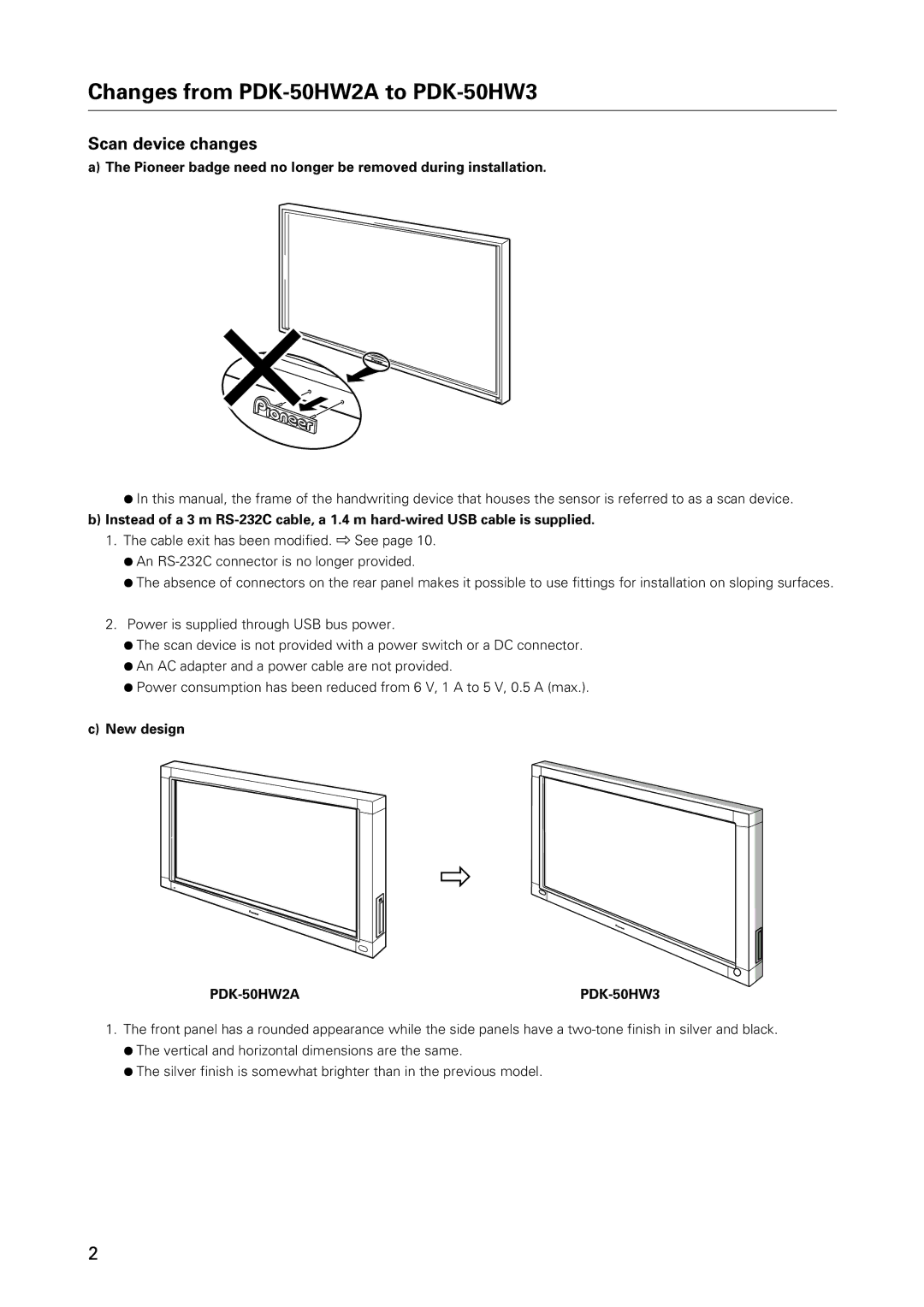 Pioneer specifications Changes from PDK-50HW2A to PDK-50HW3, Scan device changes, New design 