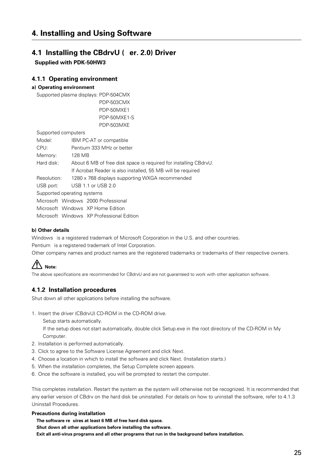 Pioneer PDK-50HW3 specifications Installing and Using Software, Installing the CBdrvU Ver .0 Driver, Operating environment 