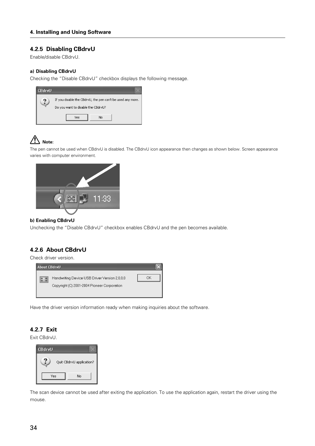 Pioneer PDK-50HW3 specifications Disabling CBdrvU, About CBdrvU, Exit, Enabling CBdrvU 