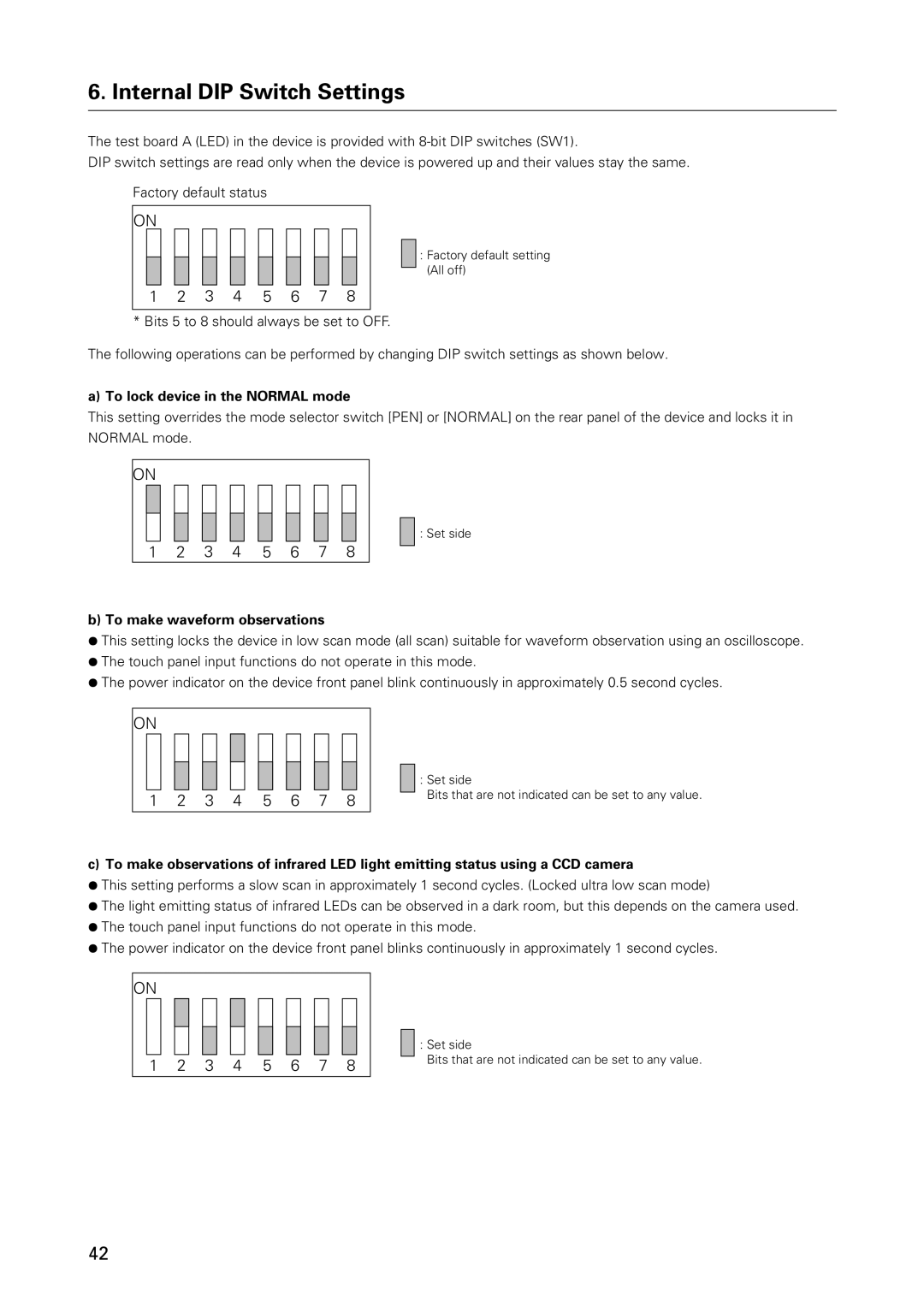 Pioneer PDK-50HW3 Internal DIP Switch Settings, To lock device in the Normal mode, To make waveform observations 