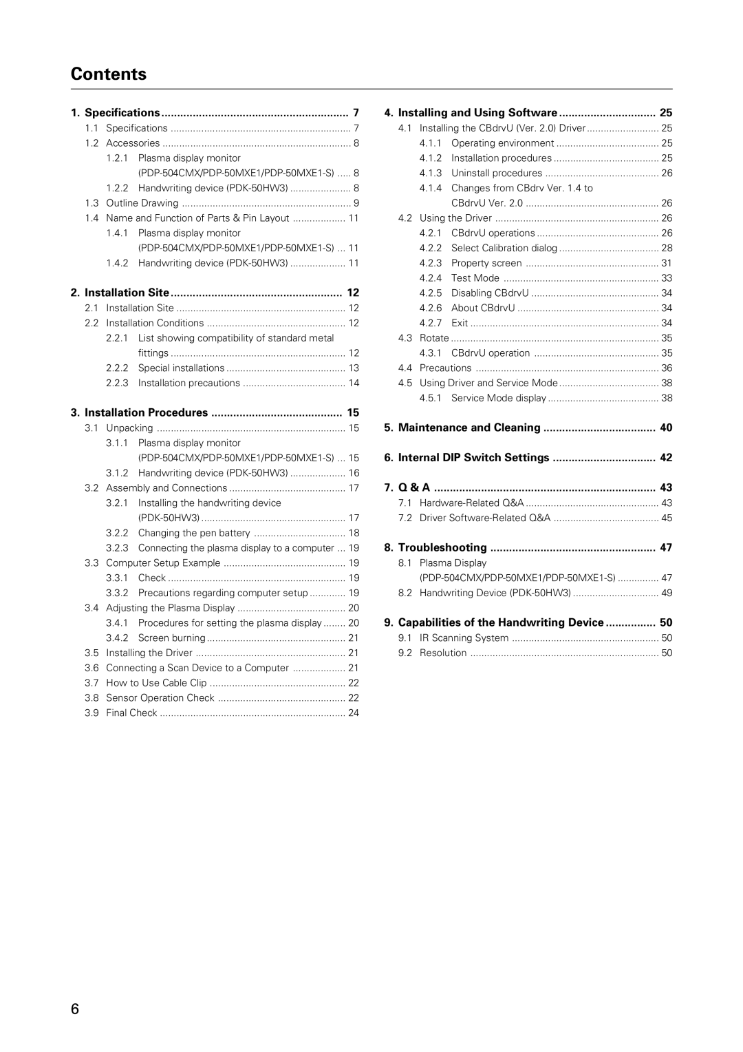 Pioneer PDK-50HW3 specifications Contents 