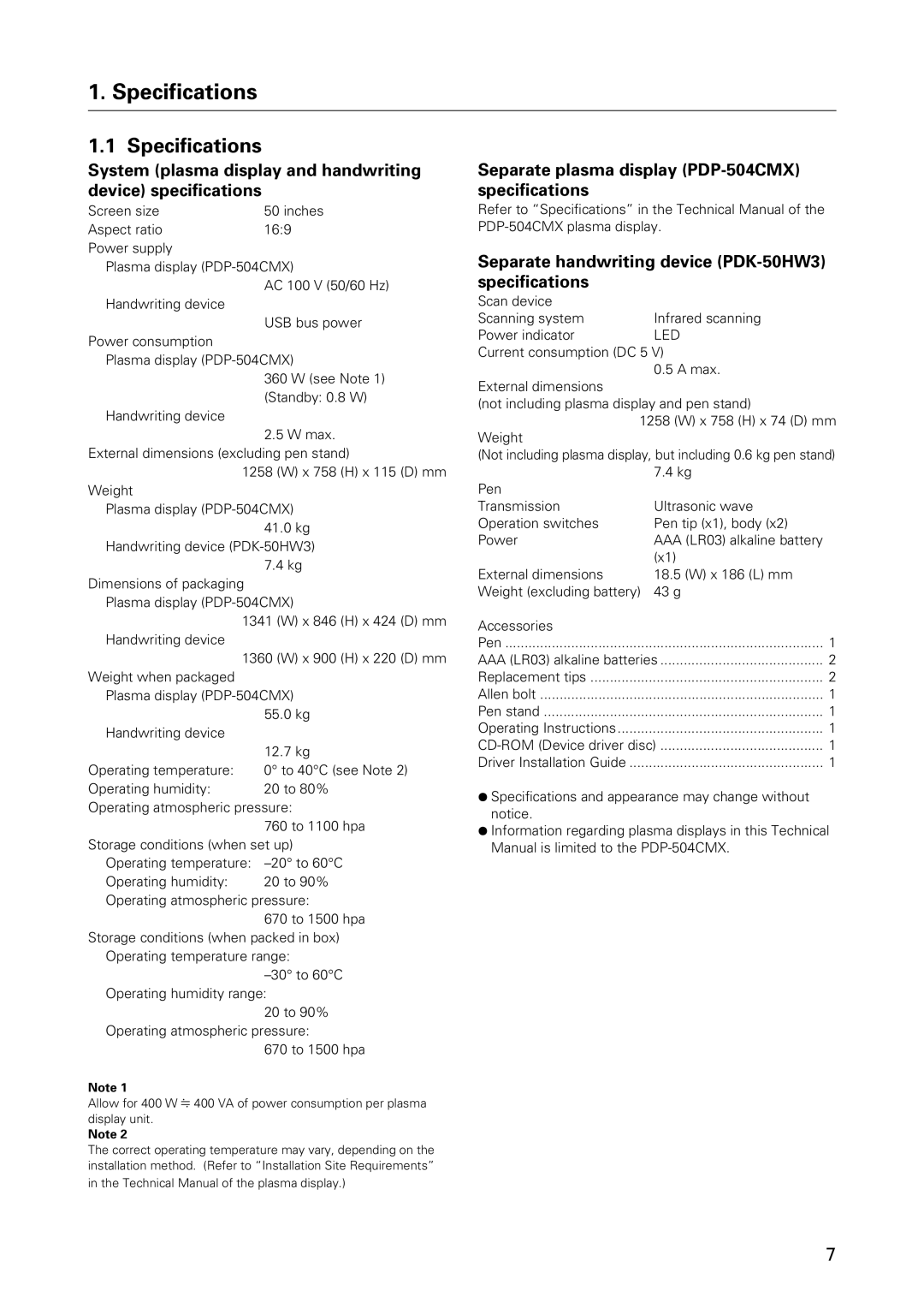 Pioneer PDK-50HW3 Specifications, System plasma display and handwriting device specifications 