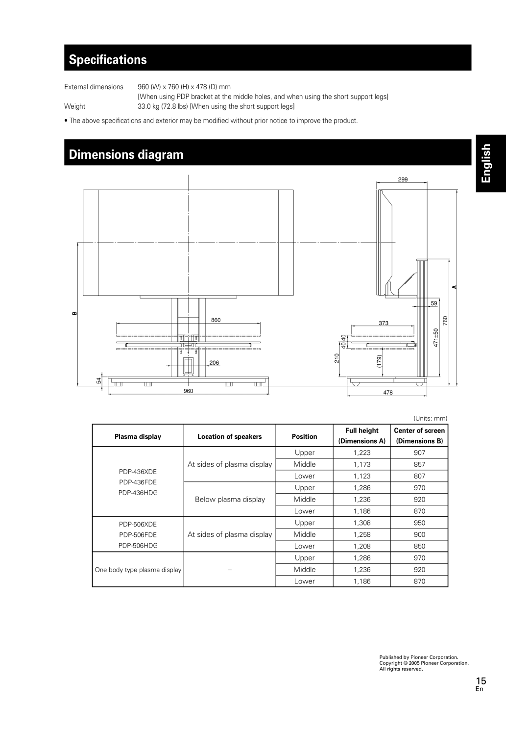 Pioneer PDK-FS05 manual Specifications, Dimensions diagram, External dimensions X 760 H x 478 D mm, Middle, Lower 