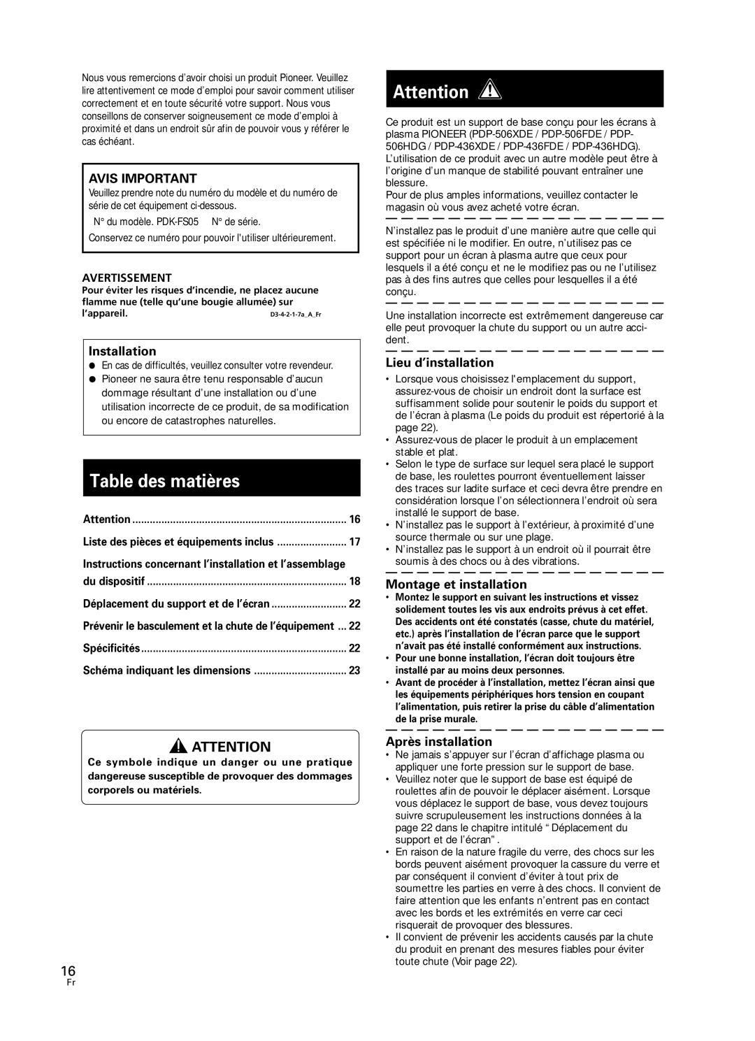 Pioneer PDK-FS05 manual Table des matières, Avis Important 