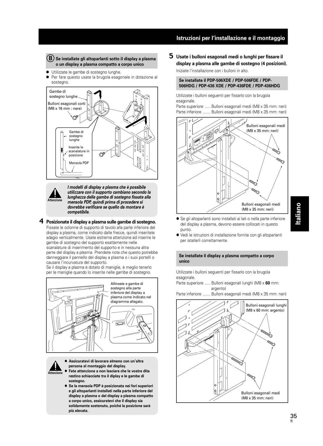 Pioneer PDK-FS05 Posizionate il display a plasma sulle gambe di sostegno, Iniziate l’installazione con i bulloni in alto 