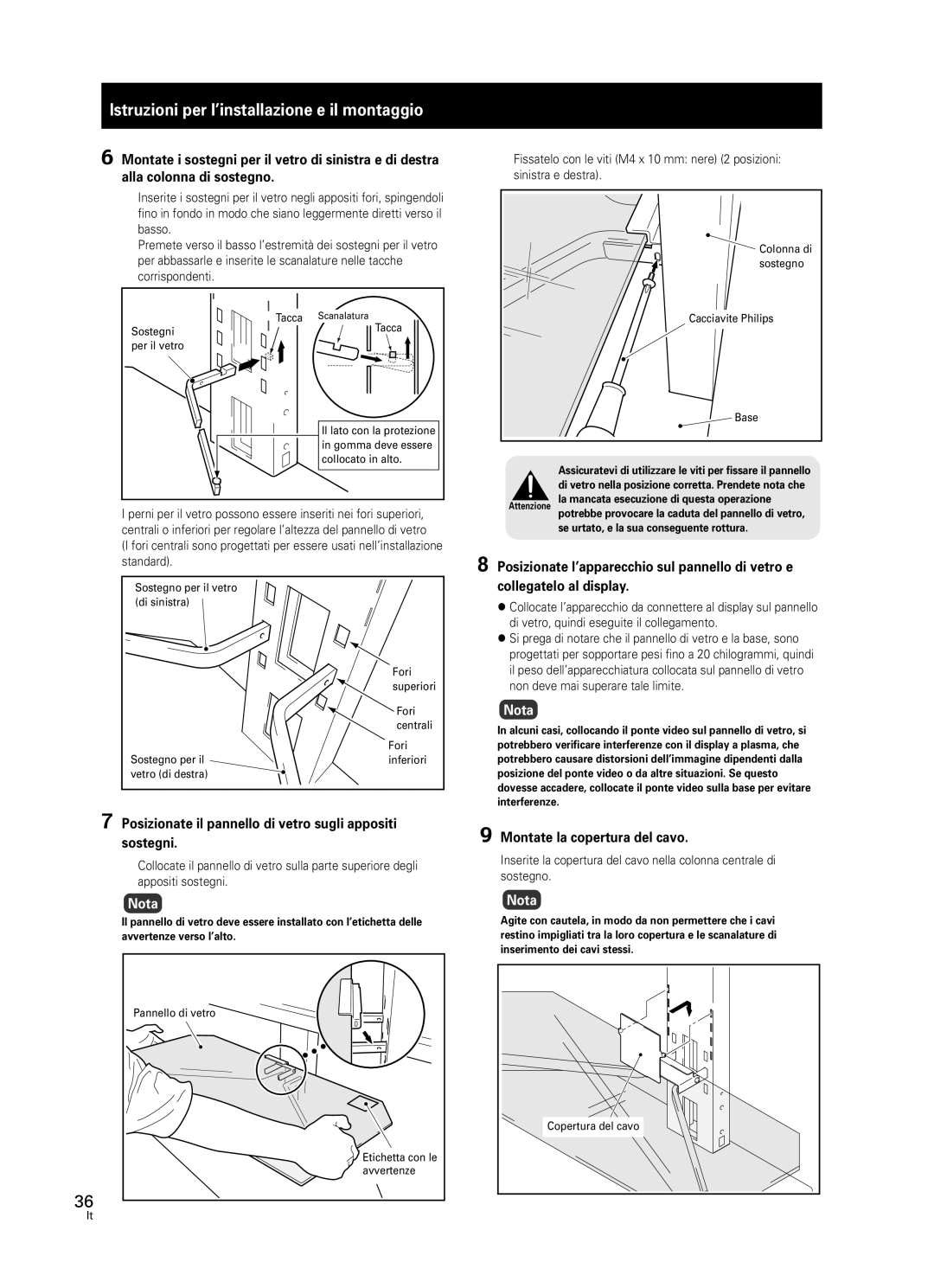 Pioneer PDK-FS05 manual Posizionate il pannello di vetro sugli appositi sostegni, Montate la copertura del cavo 