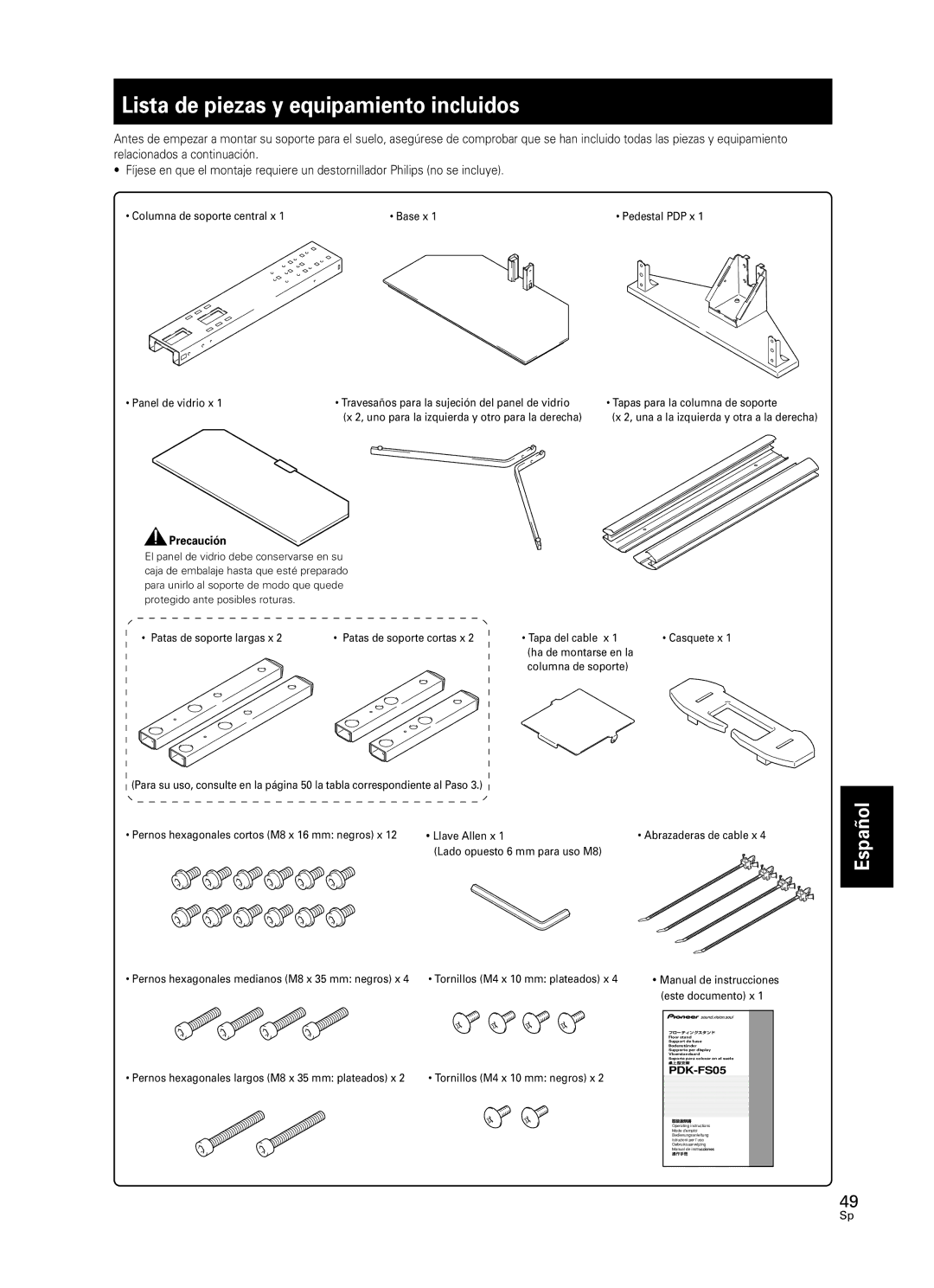 Pioneer PDK-FS05 manual Lista de piezas y equipamiento incluidos, Columna de soporte central x Base x 