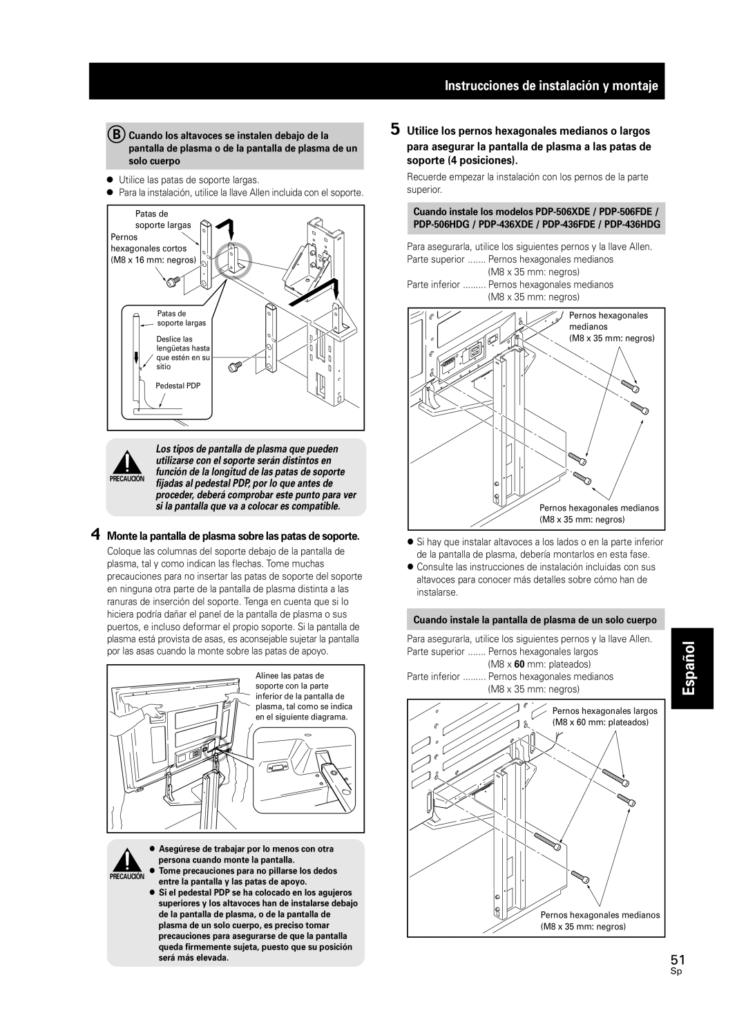 Pioneer PDK-FS05 manual Monte la pantalla de plasma sobre las patas de soporte 