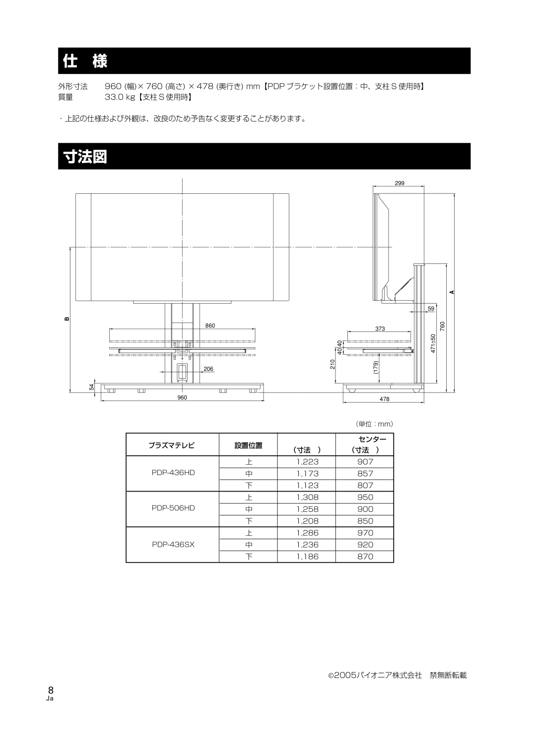 Pioneer PDK-FS05 manual 寸法図, 外形寸法 960 幅× 760 高さ × 478 奥行き mm【PDP ブラケット設置位置：中、支柱 S 使用時】 