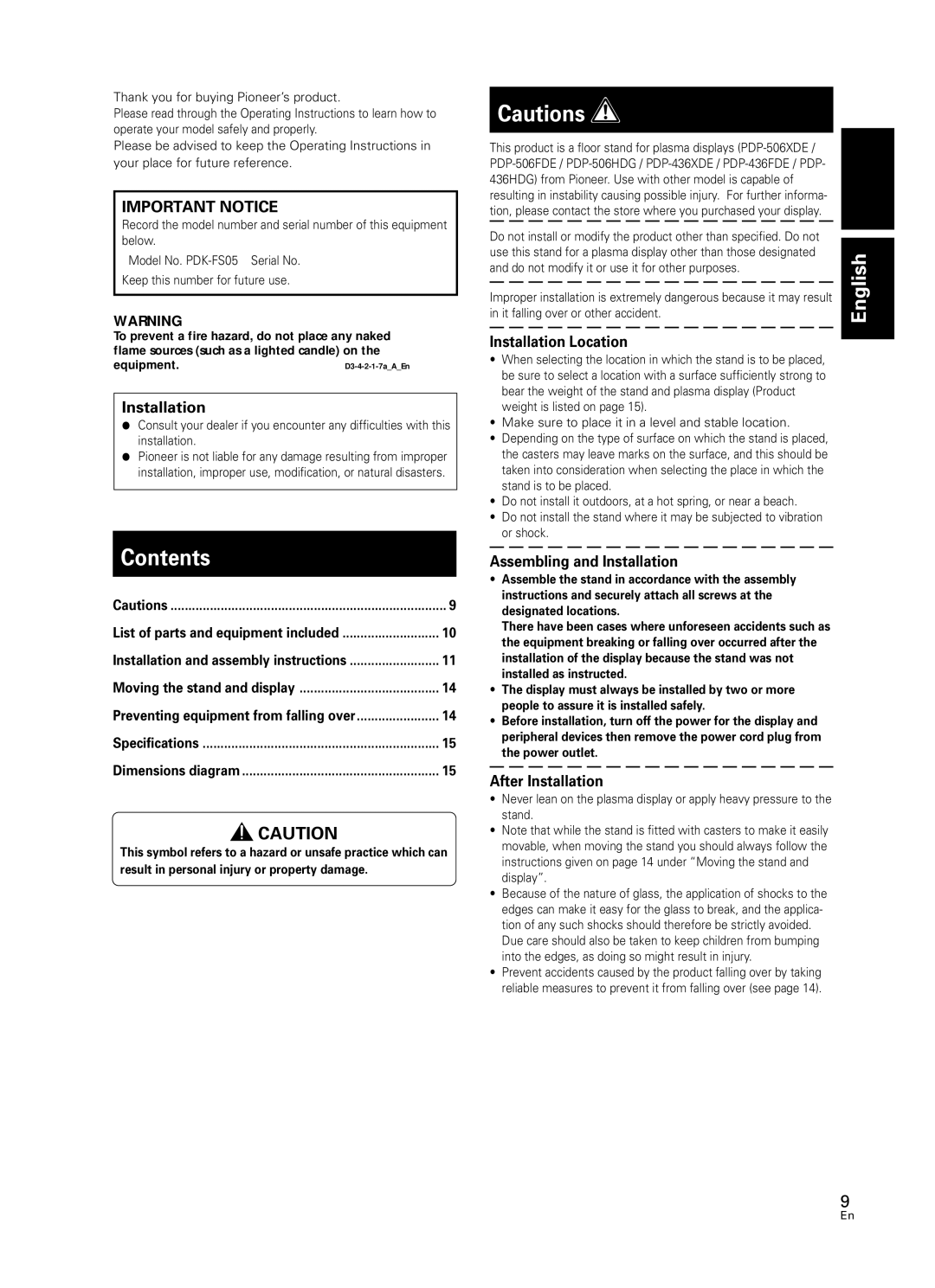 Pioneer PDK-FS05 manual Contents 