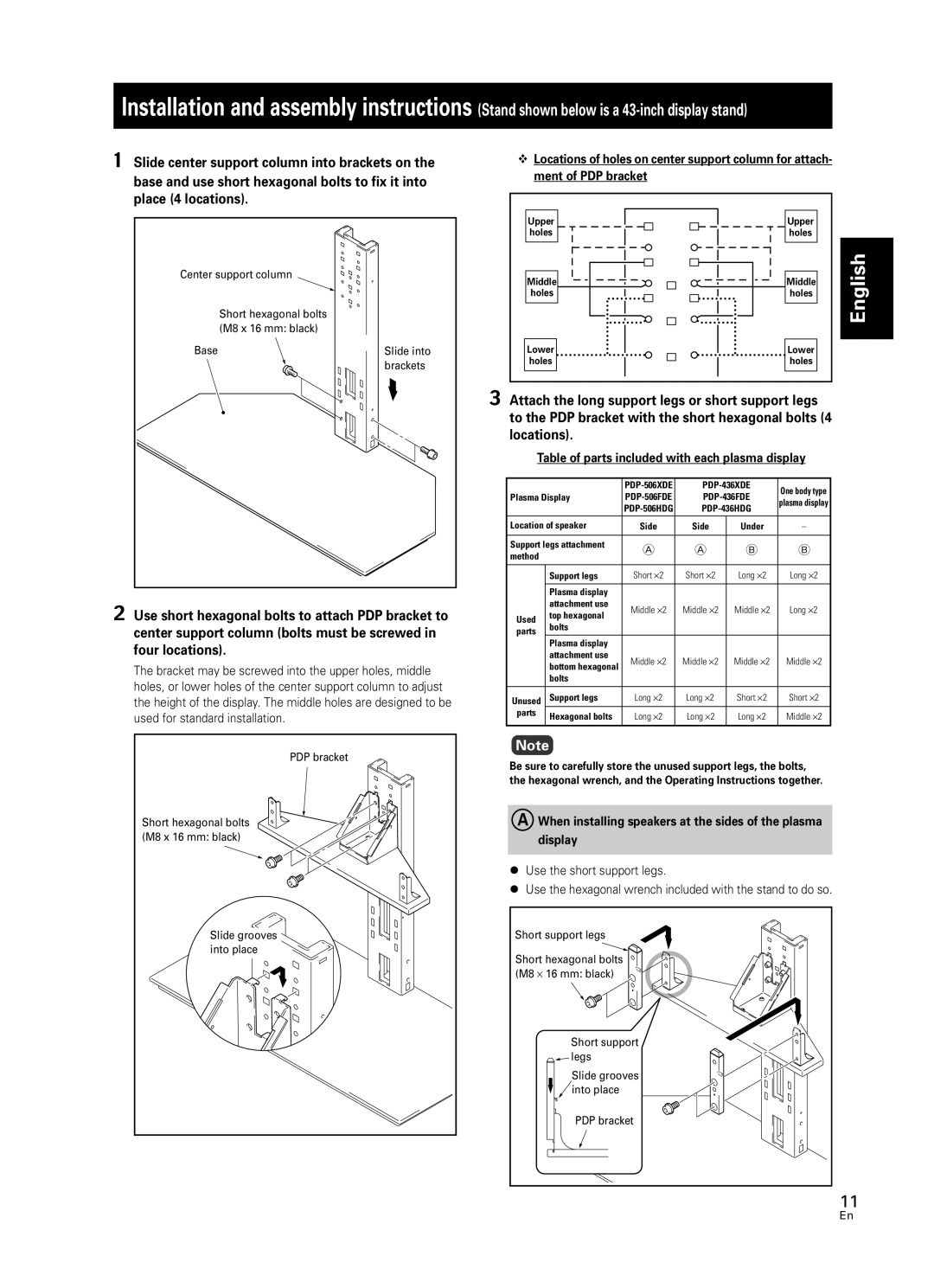 Pioneer PDK-FS05 manual English, Installation and assembly instructions, Stand shown below is a 43-inchdisplay stand 