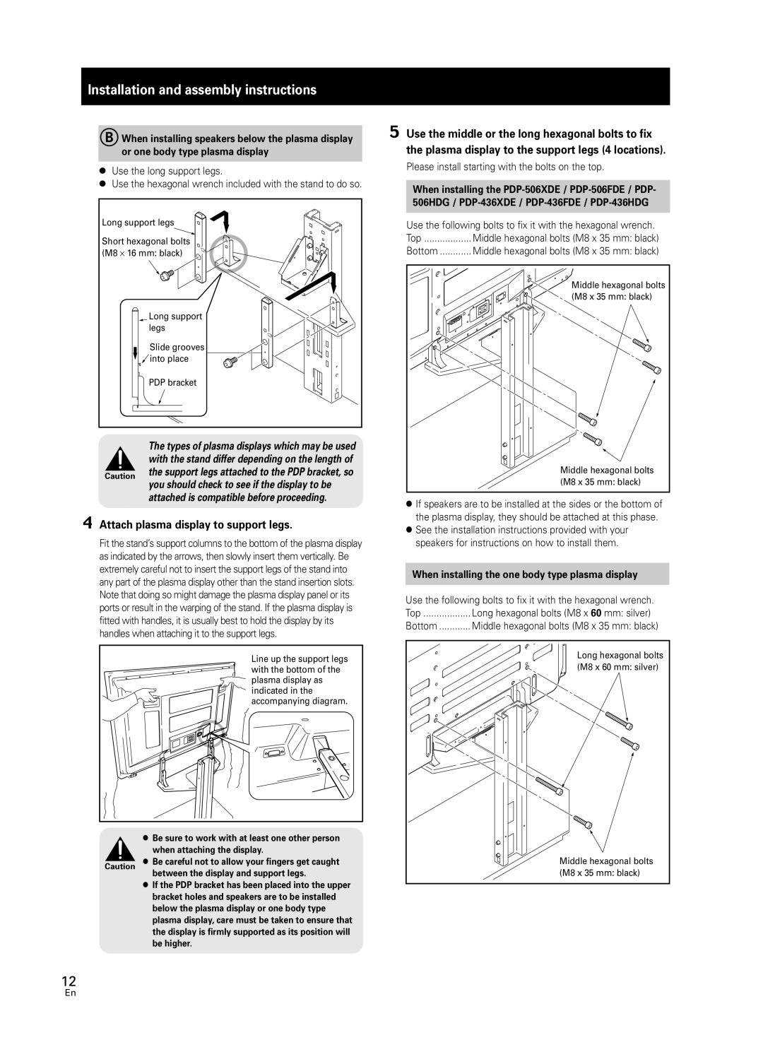 Pioneer PDK-FS05 manual Installation and assembly instructions, 4Attach plasma display to support legs 