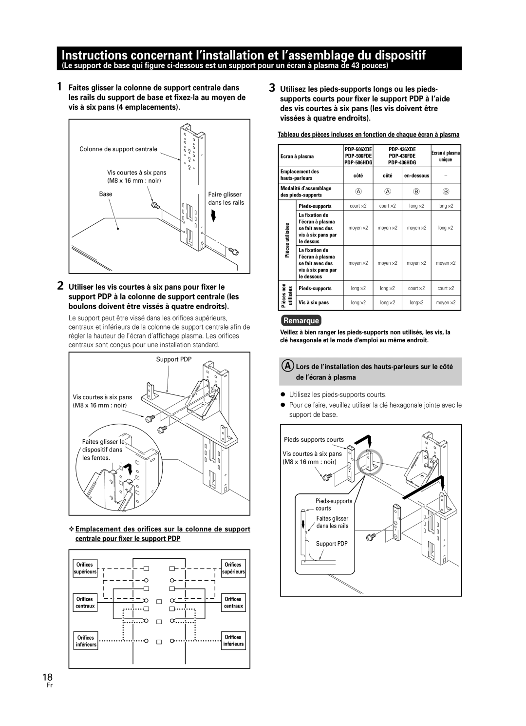 Pioneer PDK-FS05 manual Remarque, Utilisez les pieds-supportscourts 