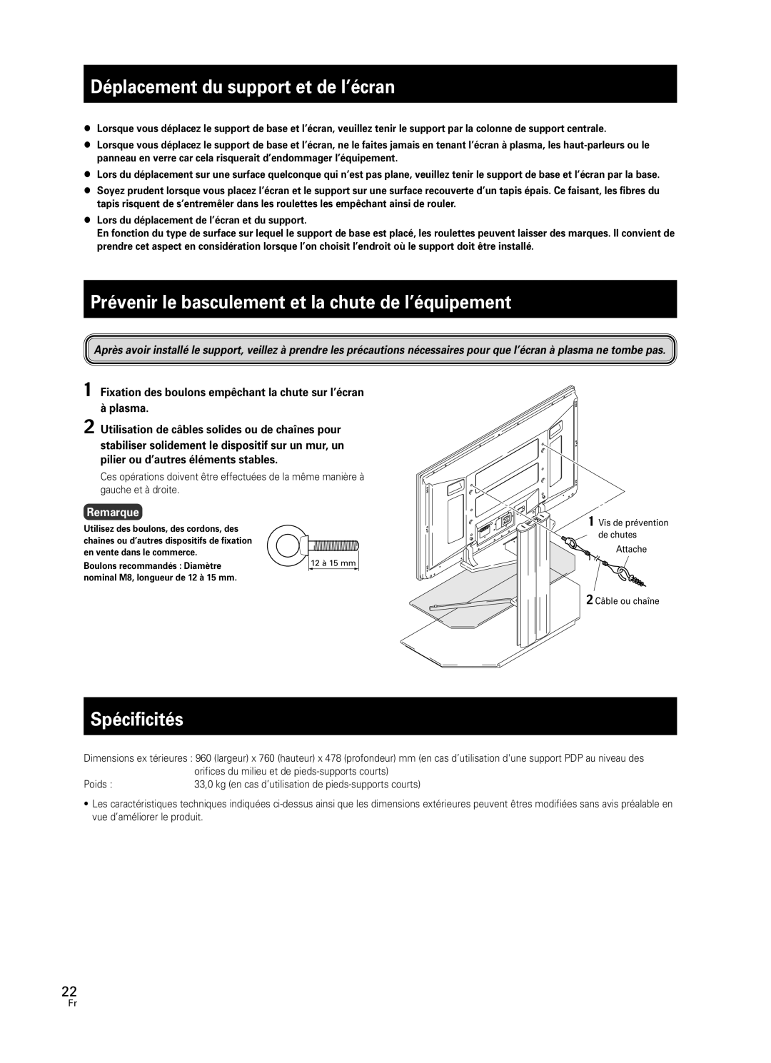 Pioneer PDK-FS05 manual Déplacement du support et de l’écran, Spécificités, Remarque 