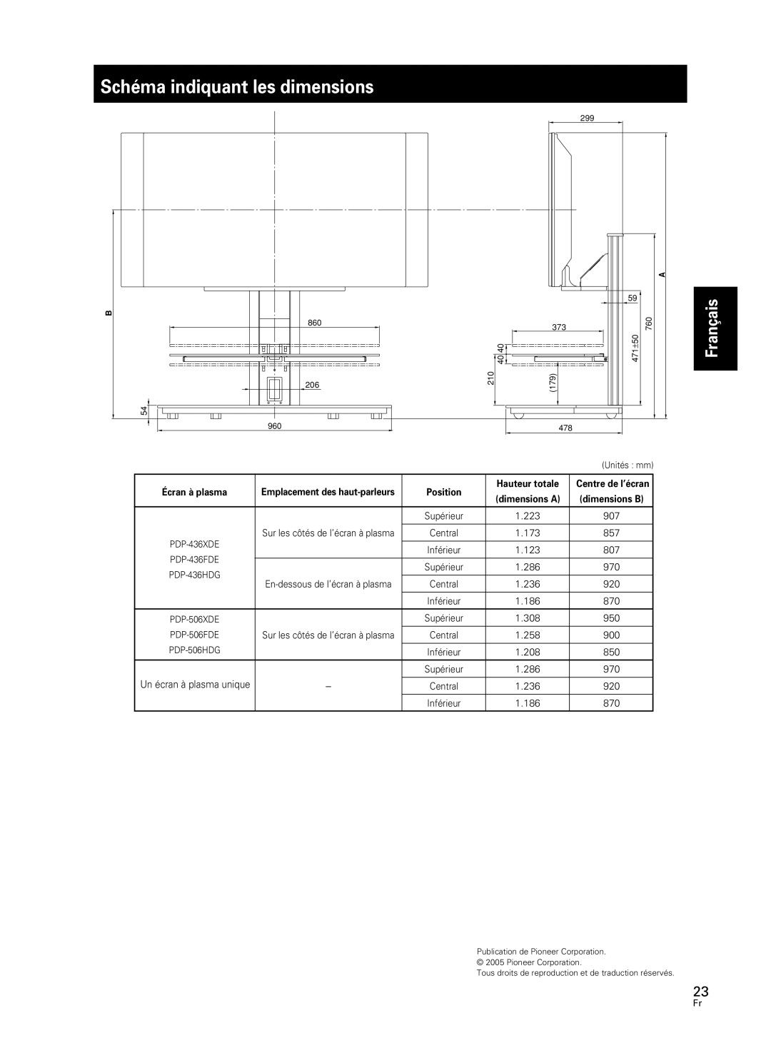 Pioneer PDK-FS05 manual Schéma indiquant les dimensions, Français, Écran à plasma, Position, Hauteur totale 