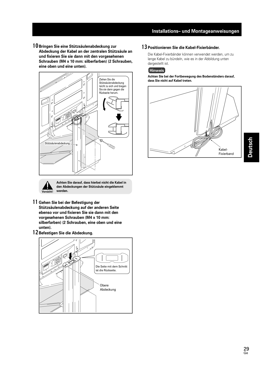 Pioneer PDK-FS05 manual Deutsch, Installations- und Montageanweisungen, Bringen Sie eine Stützsäulenabdeckung zur, Hinweis 