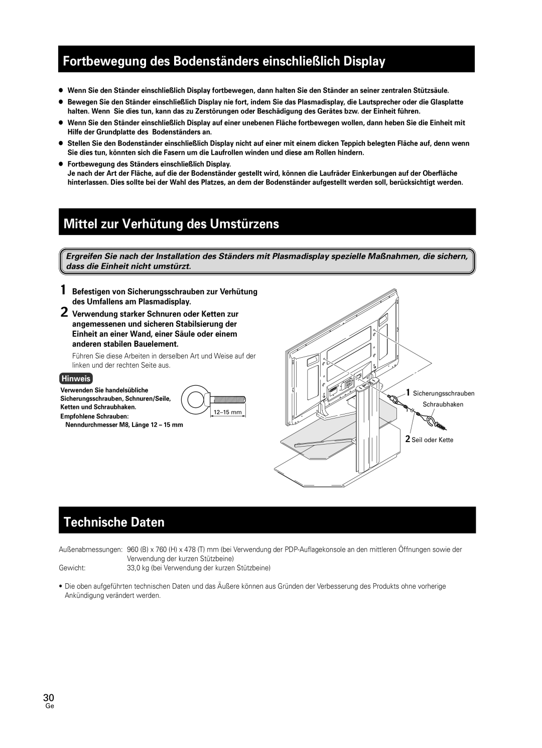 Pioneer PDK-FS05 manual Mittel zur Verhütung des Umstürzens, Technische Daten, Hinweis 