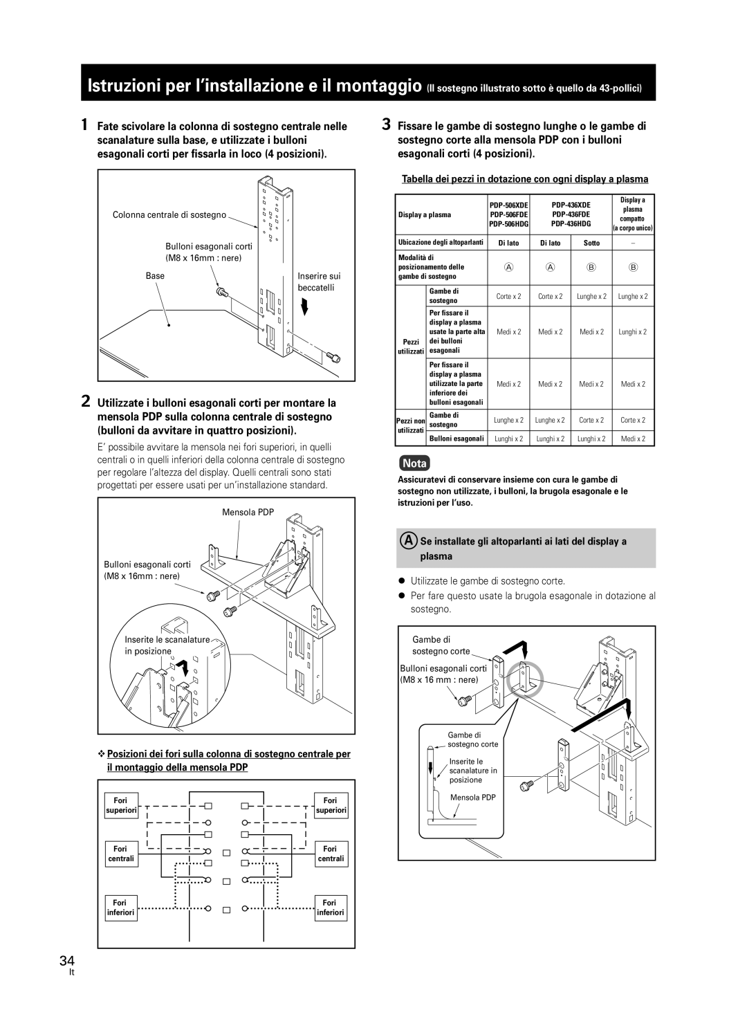 Pioneer PDK-FS05 manual Nota, Utilizzate le gambe di sostegno corte 