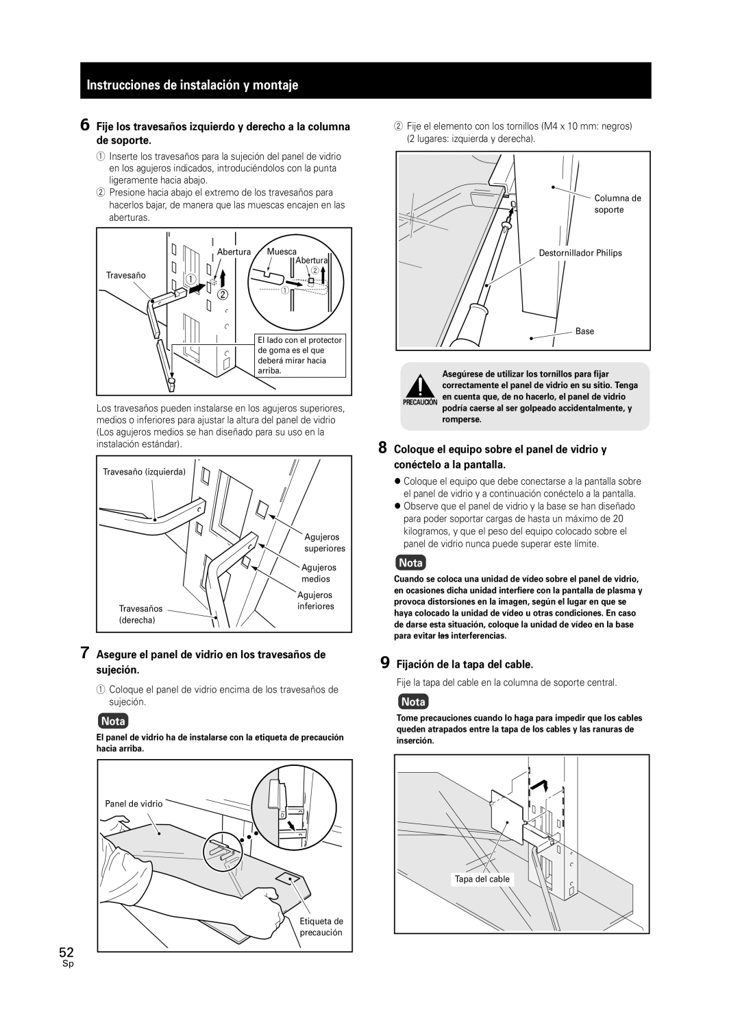 Pioneer PDK-FS05 manual Instrucciones de instalación y montaje, Nota, 9Fijación de la tapa del cable 