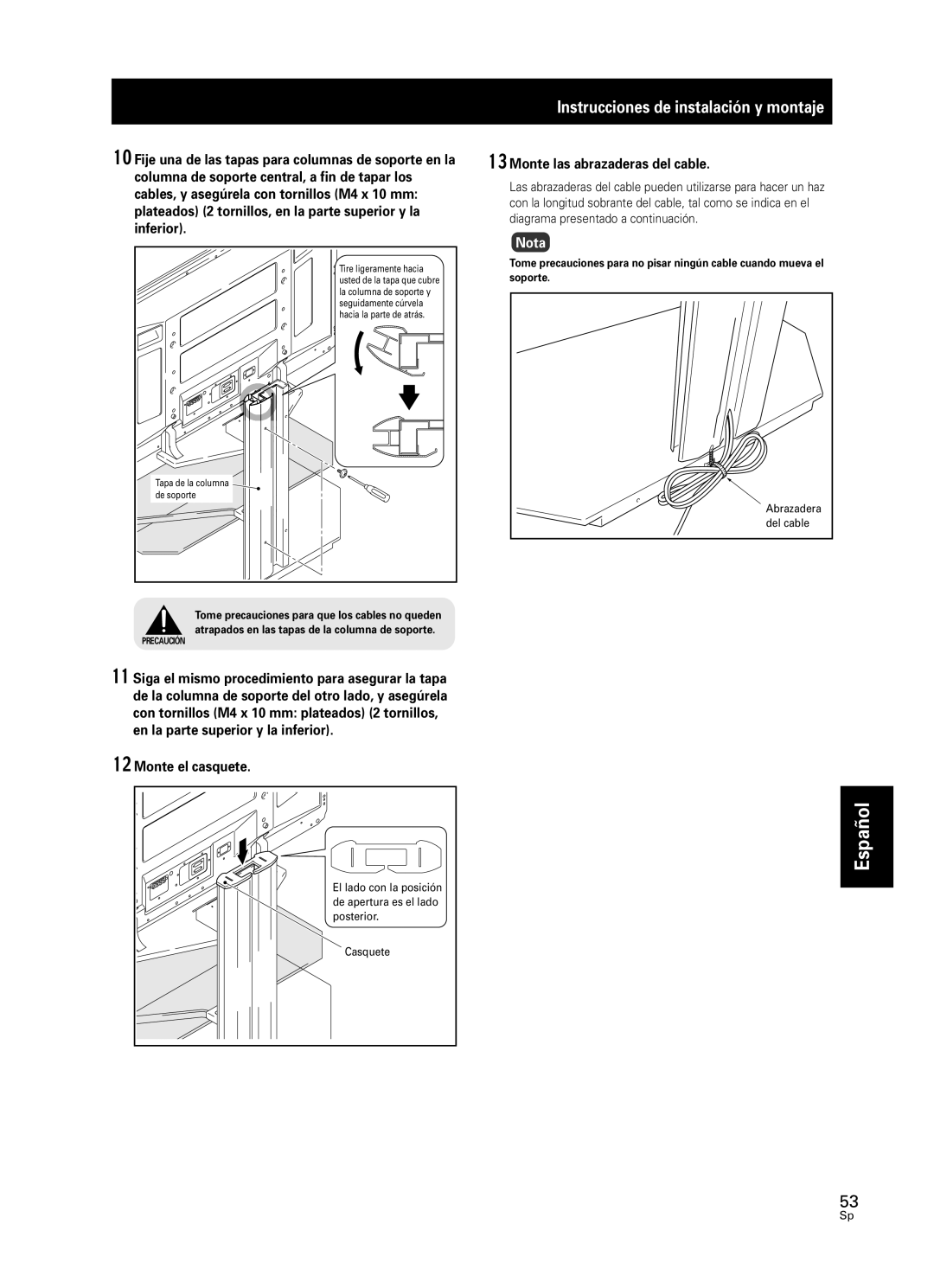 Pioneer PDK-FS05 manual Español, Instrucciones de instalación y montaje, Nota, Abrazadera, Tapa de la columna de soporte 