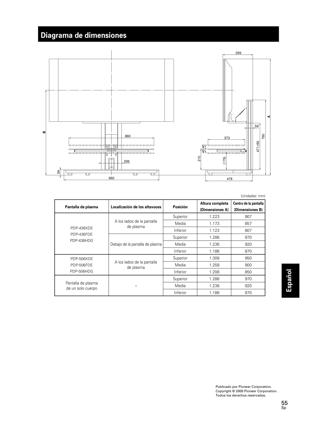 Pioneer PDK-FS05 manual Diagrama de dimensiones, Español 