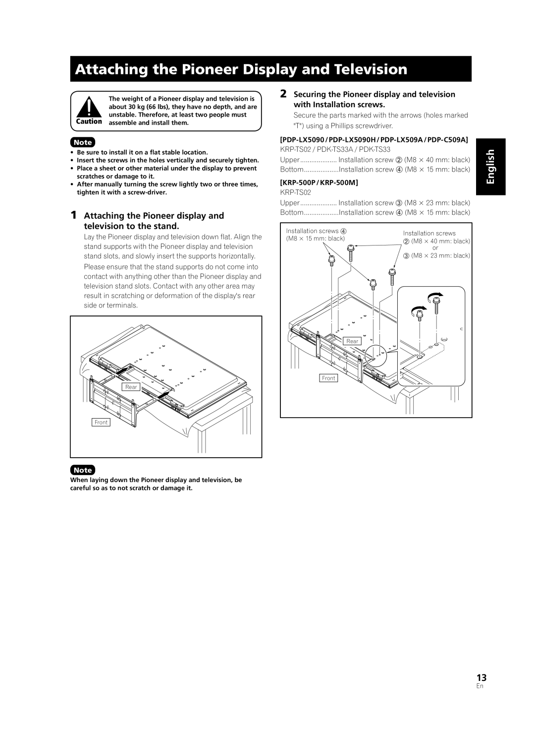 Pioneer PDK-TS33, KRP-TS02 Attaching the Pioneer Display and Television, PDP-LX5090 / PDP-LX5090H / PDP-LX509A / PDP-C509A 