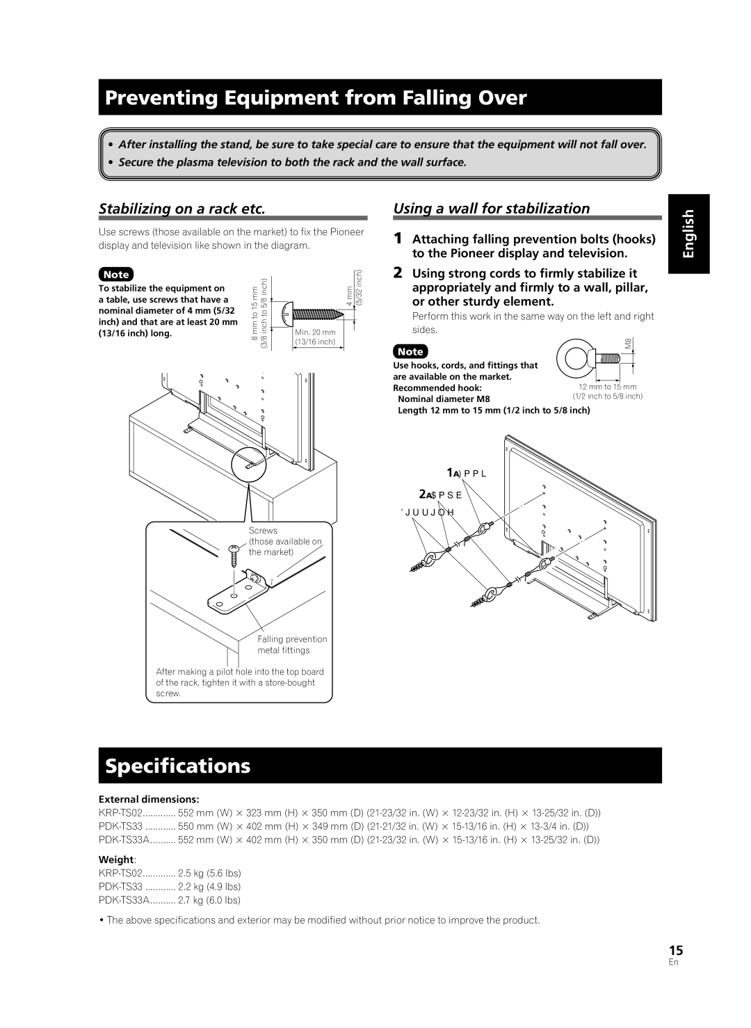 Pioneer PDK-TS33A, KRP-TS02 manual Preventing Equipment from Falling Over, Speciﬁcations, Stabilizing on a rack etc 