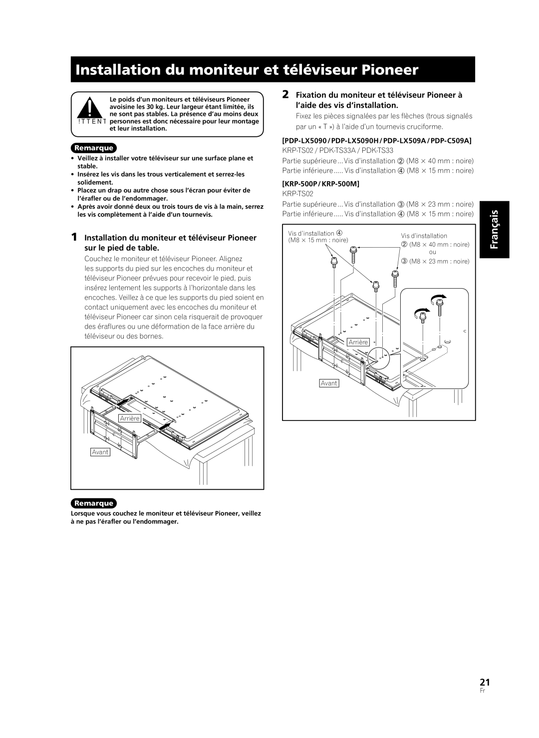 Pioneer PDK-TS33A manual Installation du moniteur et téléviseur Pioneer, PDP-LX5090 / PDP-LX5090H / PDP-LX509A / PDP-C509A 