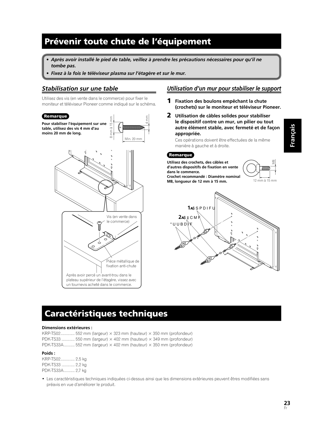 Pioneer KRP-TS02 Prévenir toute chute de l’équipement, Caractéristiques techniques, Stabilisation sur une table, Poids 