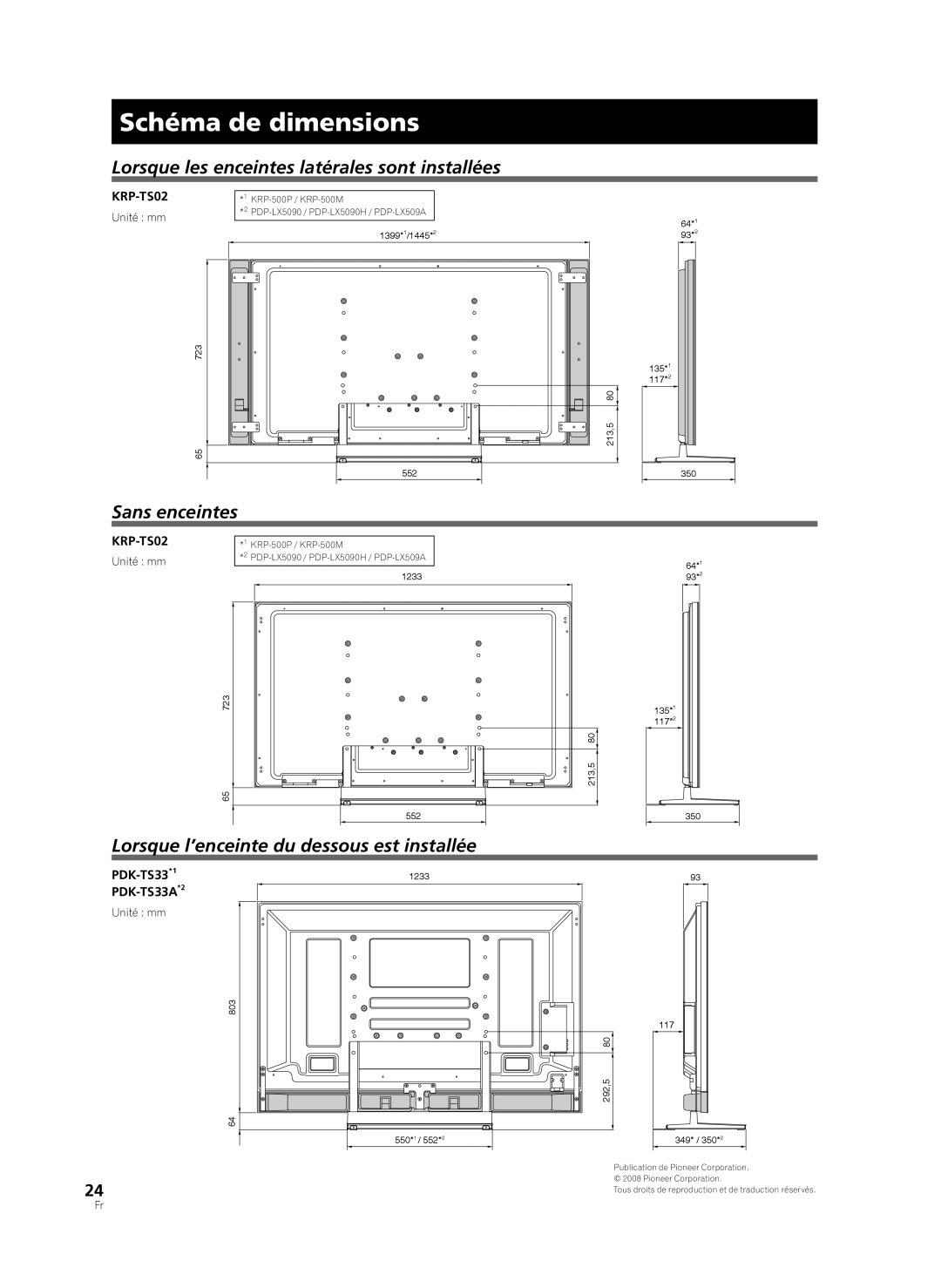 Pioneer PDK-TS33A, KRP-TS02 manual Schéma de dimensions, Lorsque les enceintes latérales sont installées, Sans enceintes 